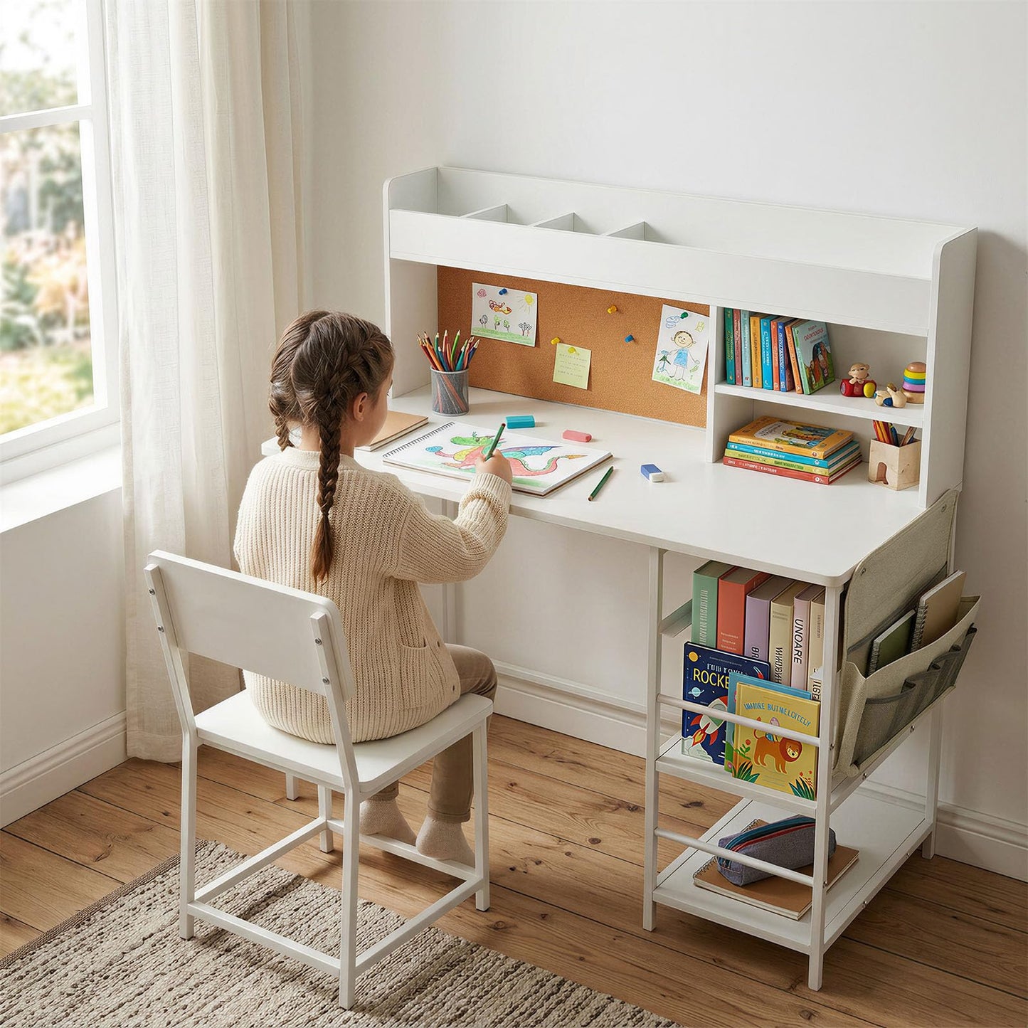 DHZ Kids Desk and Chair Set with Storage, Children Study Table with Bulletin Board, Side Pouch Organizer for Art Supplies, Kids Study Desk with Hutch for 5-12 Homework, Reading, Art Activities
