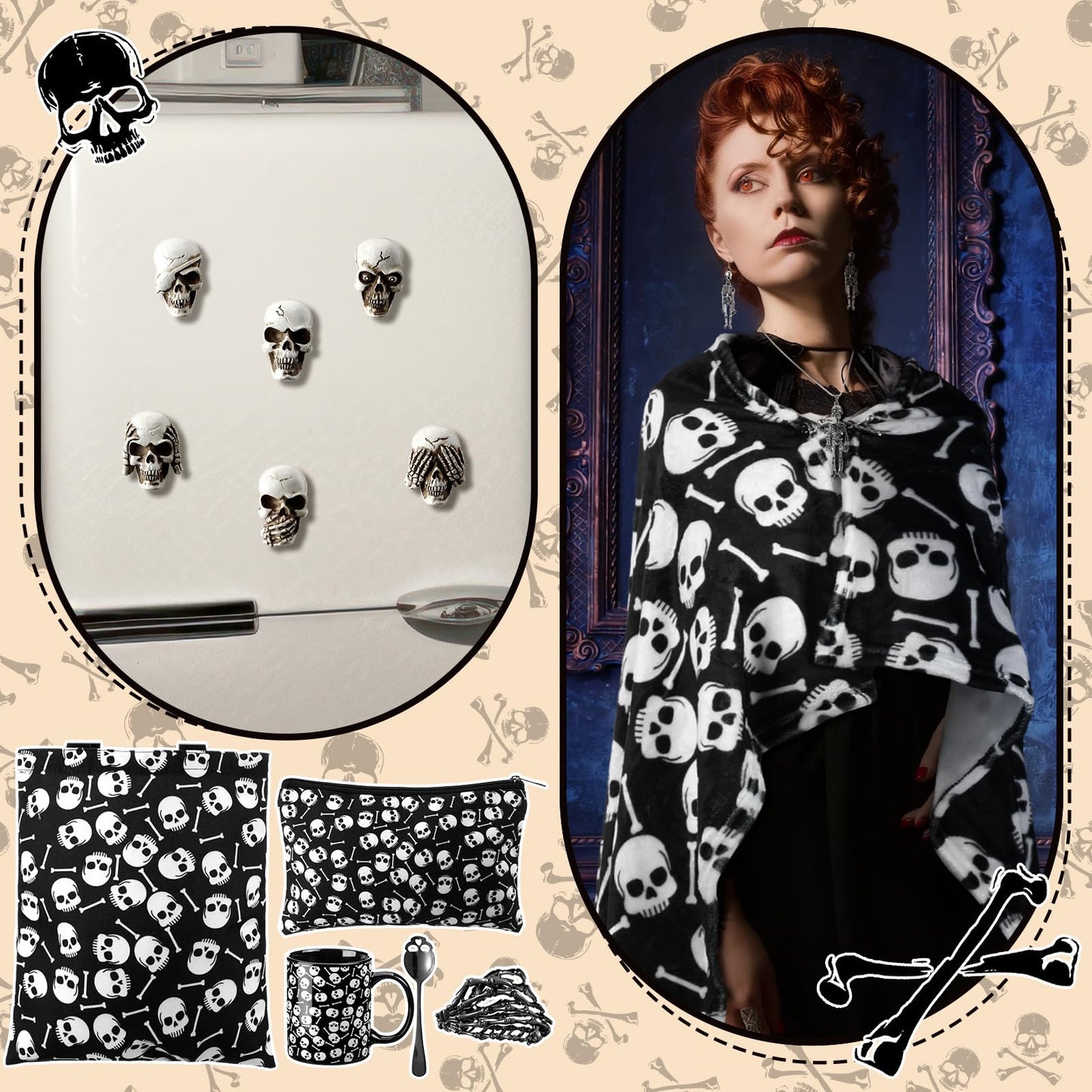 Conelist 16 Pcs Gothic Gifts for Women, Witchy Gifts Goth Horror Themed Includes Skeleton Blanket, Spooky Bag, Gothic Coffee Mug, Skeleton Necklace, Makeup Bag for Women Friend Easter