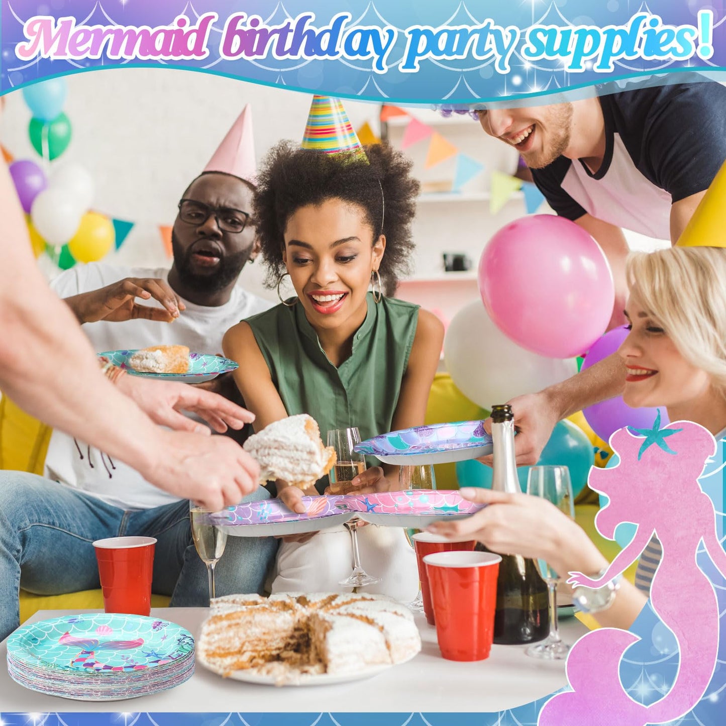 Funnymoom 60 Pcs Mermaid Birthday Party Decor 7 Inch Mermaids Dessert Paper Plates Under the Sea Disposable Dinner Cake Plates Princess Shell Dinnerware for Ocean Baby Shower Party Supplies