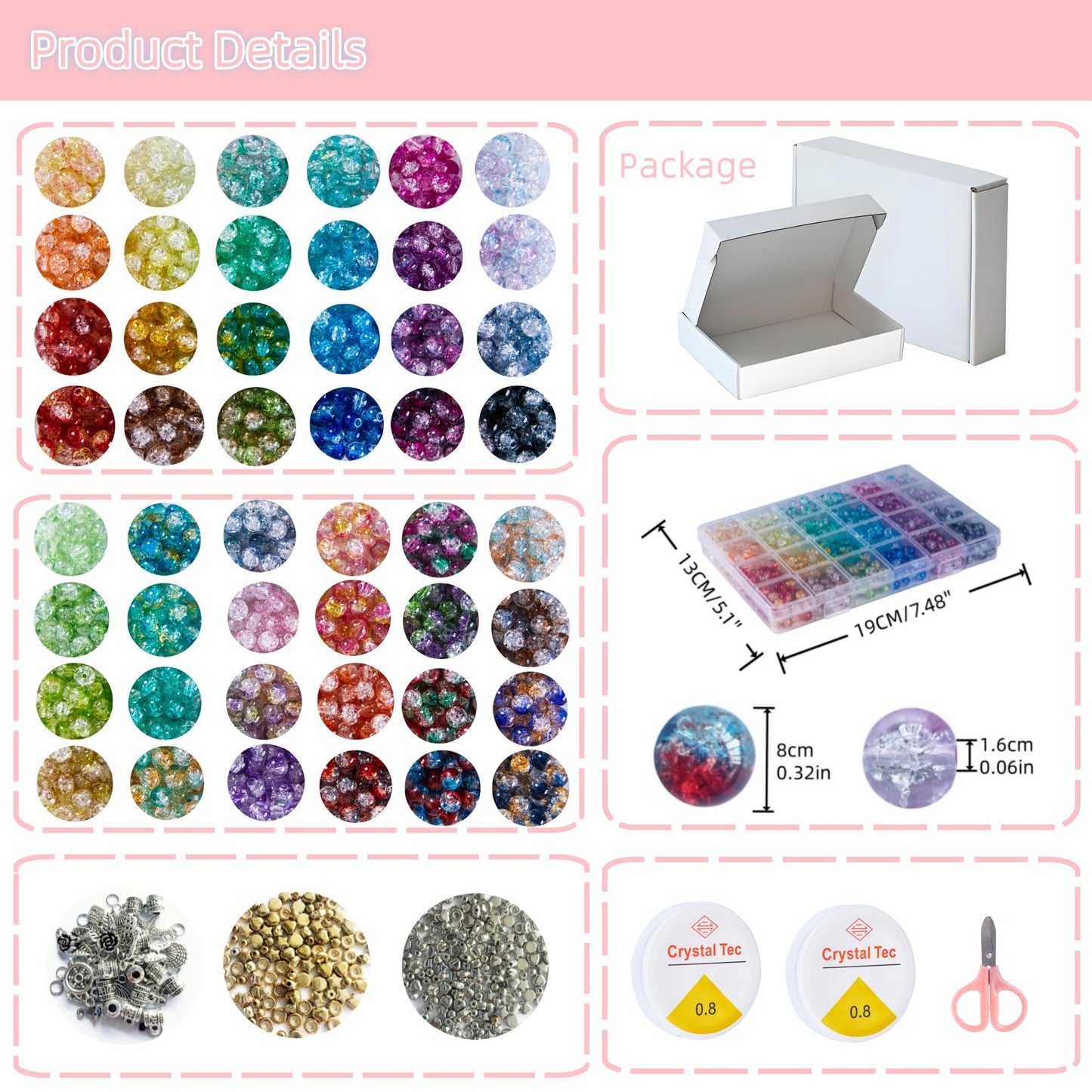 REVKI 1300PCS 8mm Mixed Crackle Glass Beads for Bracelets Making with Accessories, 48 Colors Crystal Glass Beads Jewelry Making Kit, Round Beads for DIY Bracelet Crafts