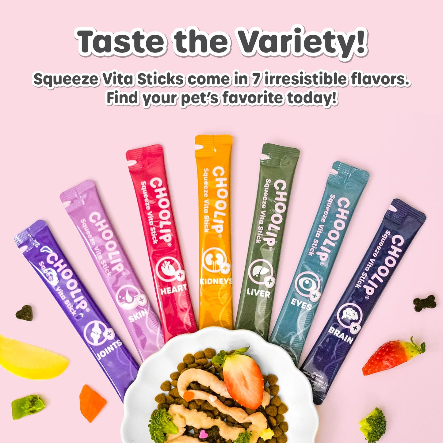 Choolip Squeeze Vita Stick Lickable Cat and Dog Treats – 7-Count Variety Pack – Creamy Puree with Multivitamins for Joints, Skin, Heart, Kidney, Liver, Eyes & Brain – Grain-Free & Vet-Formulated