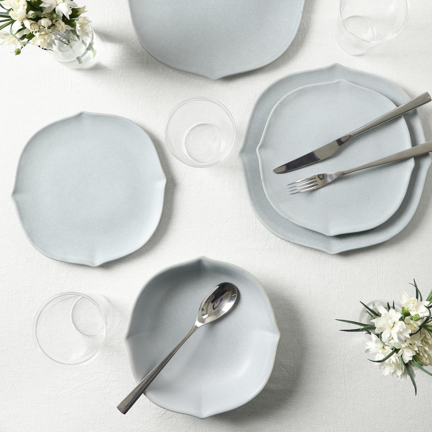 Stone Lain Baskerville 32-Piece Dinnerware Set Stoneware, Borosilicate Glass, Light Blue