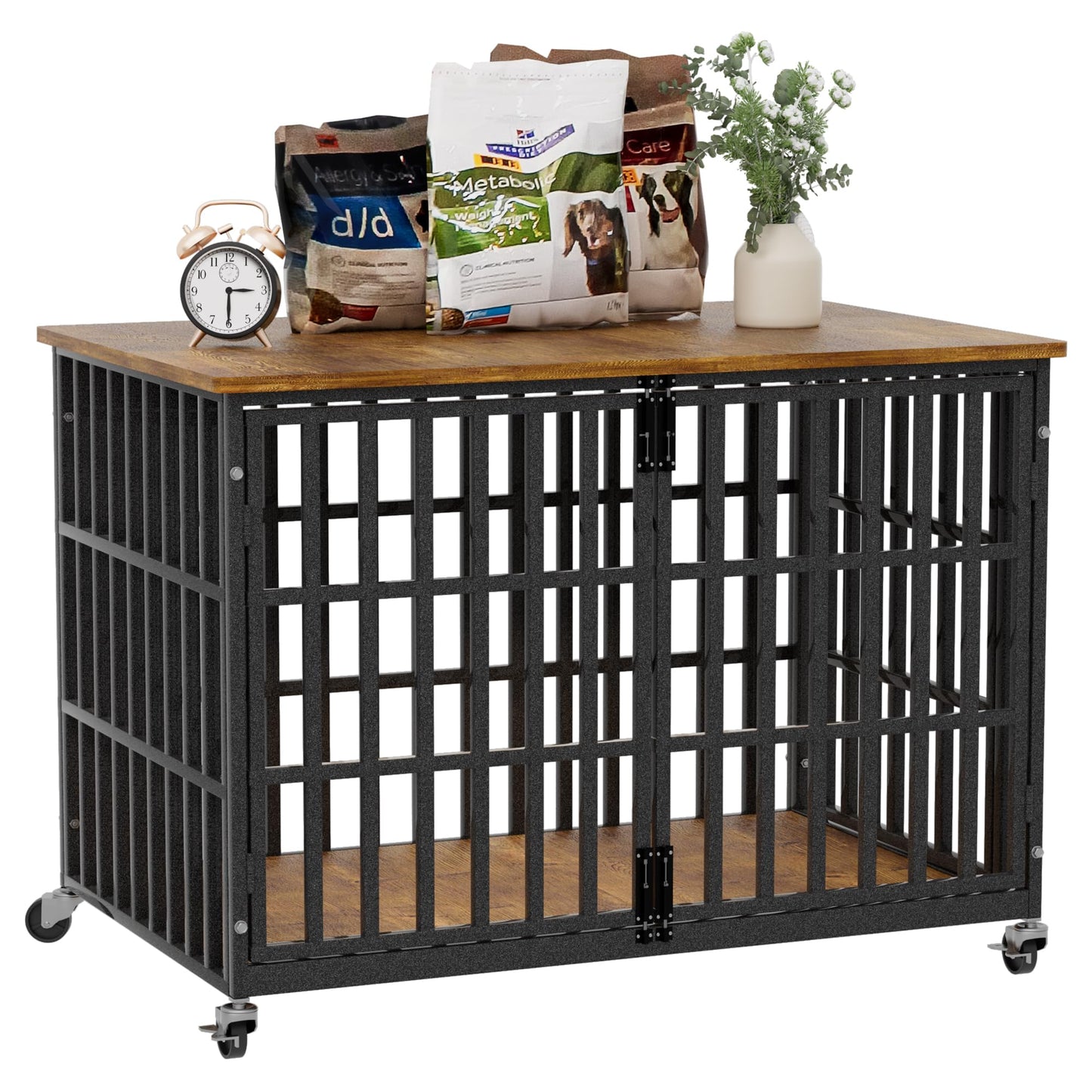 48 Inch Dog Crate Furniture, Heavy Duty Wooden Dog Kennel for Large Dogs, Chew Proof & Escape-Proof Indoor Dog Cage with TV Stand, for Anxious Dogs, Black Brown Cabinet
