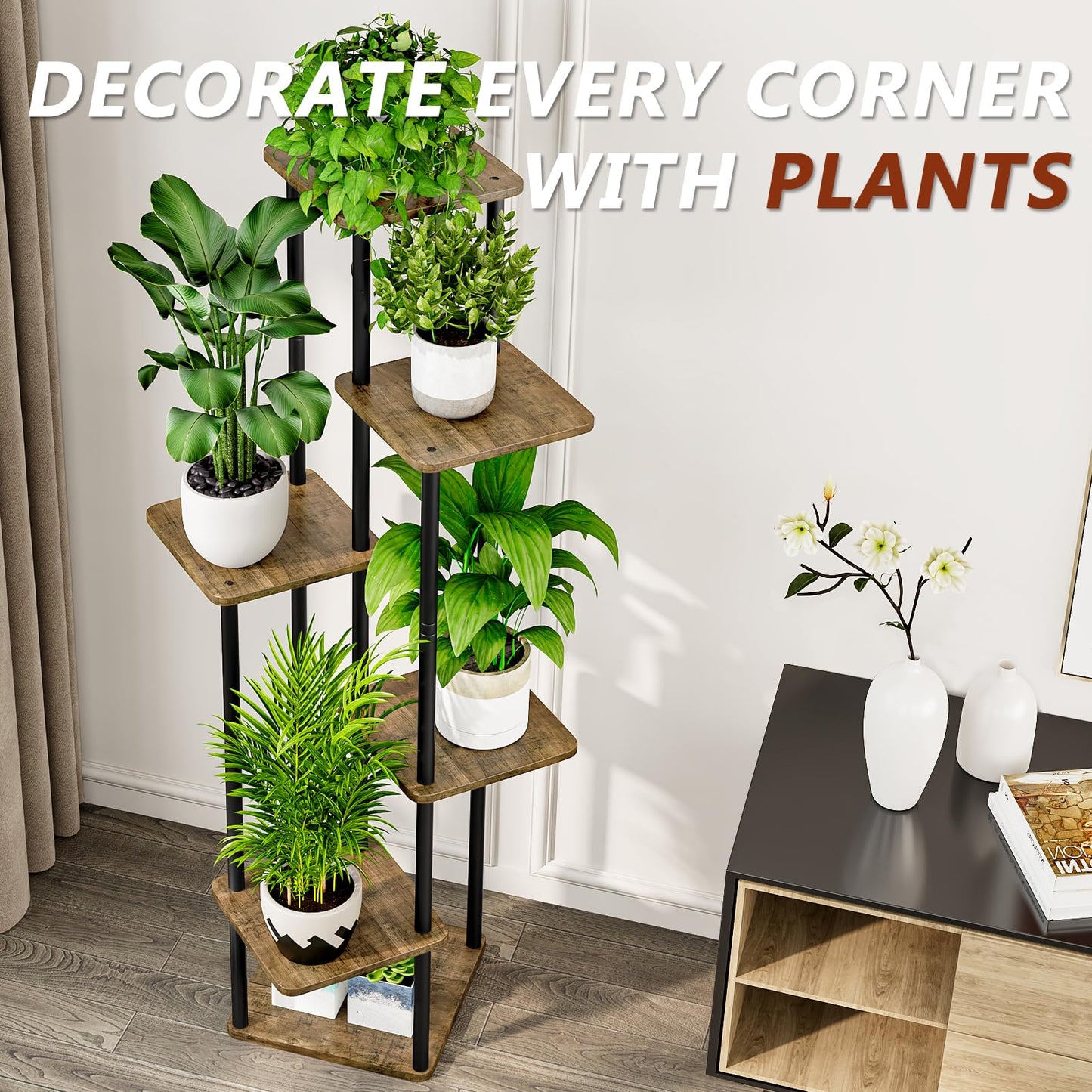 AZERPIAN Plant Stand 6 Tier Indoor Metal Flower Shelf for Multiple Plants Corner Tall Flower Holders for Patio Garden Living Room Balcony Bedroom, Black