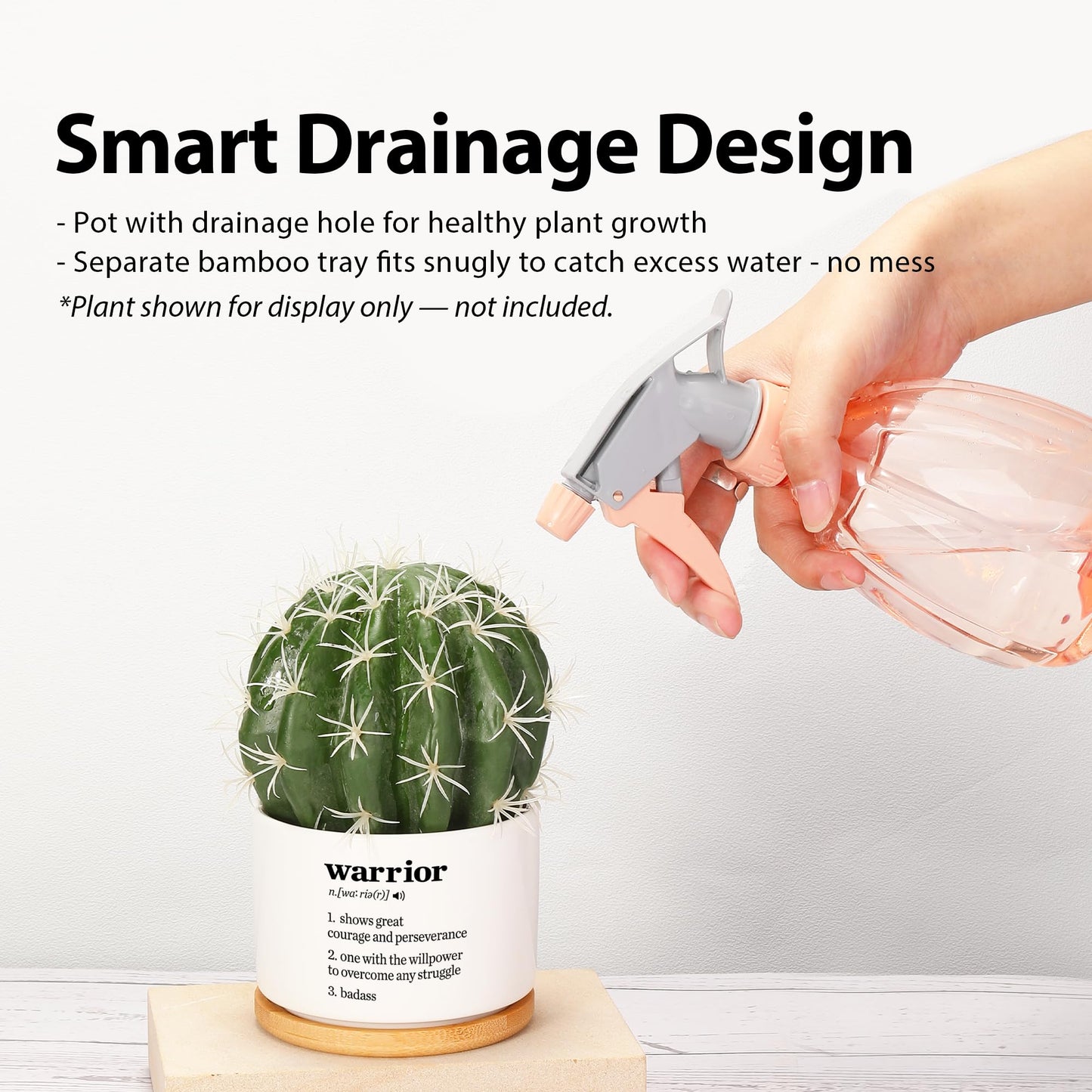 Warrior Definition Inspirational Gifts Ceramic Succulent Plant Pot with Bamboo Tray Round Motivational Encouragement Gifts Cancer Survivor Sobriety Home Decor Plant Lover 3.5 Inch White (No Plants)