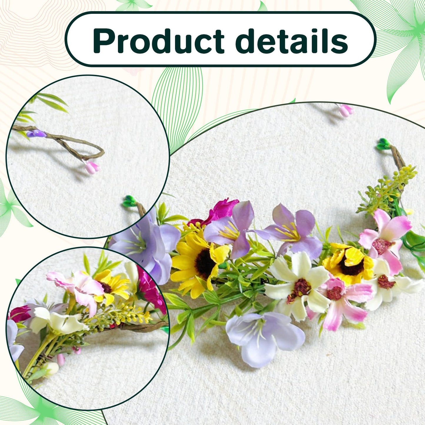 KorViSHOW Fairy Flower Crown Headband, Artificial Sunflower Daisy Floral Headpiece, Boho Forest Woodland Flower Headband for Women Girls Maternity Birthday Wedding Renaissance Festival Hair Accessory