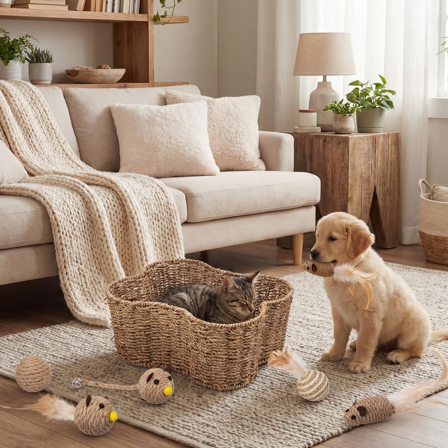 Leitee 16 x 12.8 Inch Mother‘s Day Bone Shaped Seagrass Wicker Basket with 8 Pcs Cat Toy, Cat Storage Basket Gift Set with Sisal Ball Mice Feather Stick, Interactive Toys for Indoor Cats and Kittens