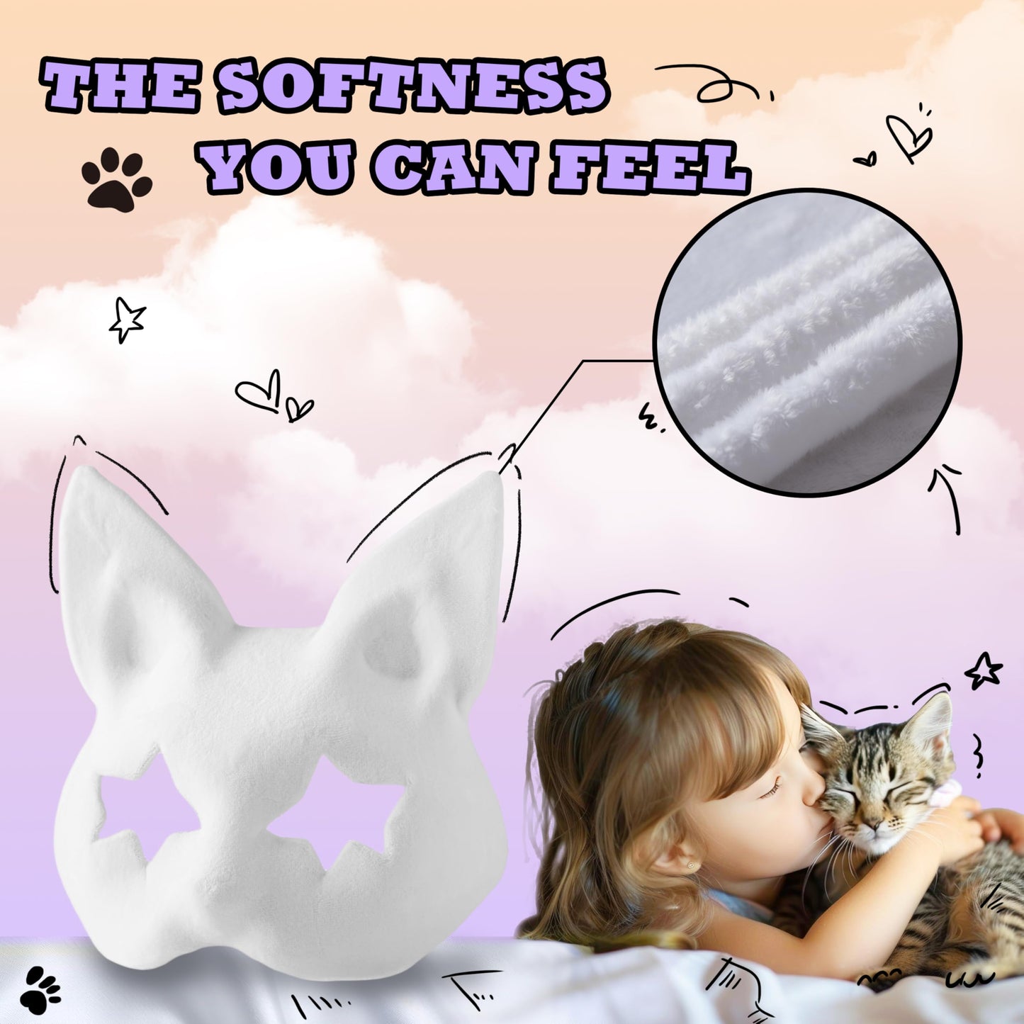 KemonoX Therian Cat Mask Kit with Star Eyes - White Fleeced Cat Mask Base with Faux Fur, Eye Mesh and Cat Like Fuzzy Fabric - Felted for You, Skip the Messy Work