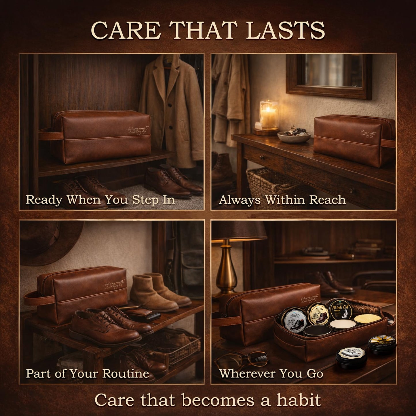 Shoe Care Kit – 16-in-1 Leather Shoe Polish, Cleaning & Conditioning Kit with Saddle Soap & Mink Oil – Black/Brown/Neutral Shoe Polish, 3 Horsehair Brushes – Premium Storage Bag – Gift for Men & Women
