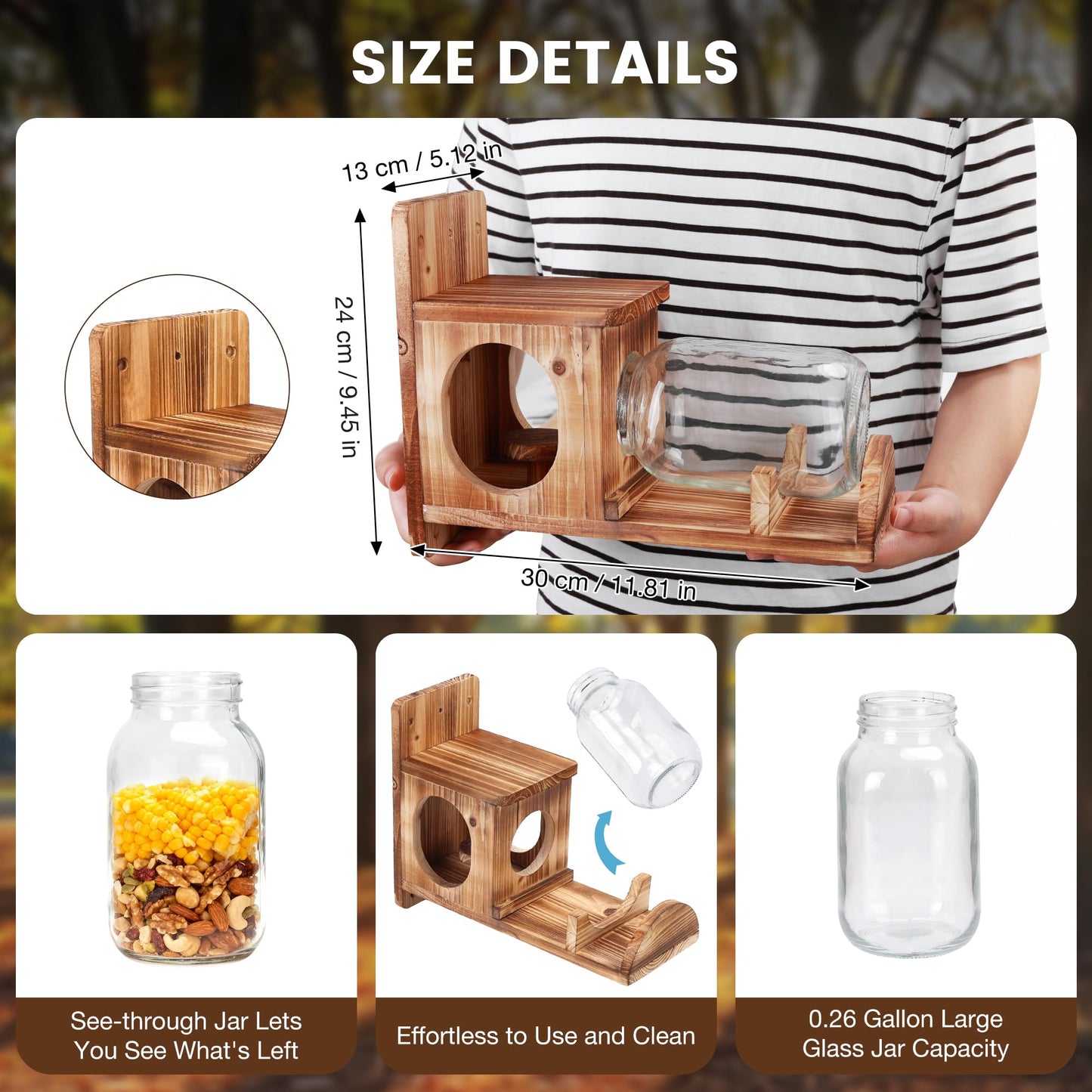Squirrel Feeder, Wood Squirrel Feeders for Outside, Chipmunk Feeder for Corn Peanuts, Removable Storage Bottle, 1 Stable Squirrel Stools