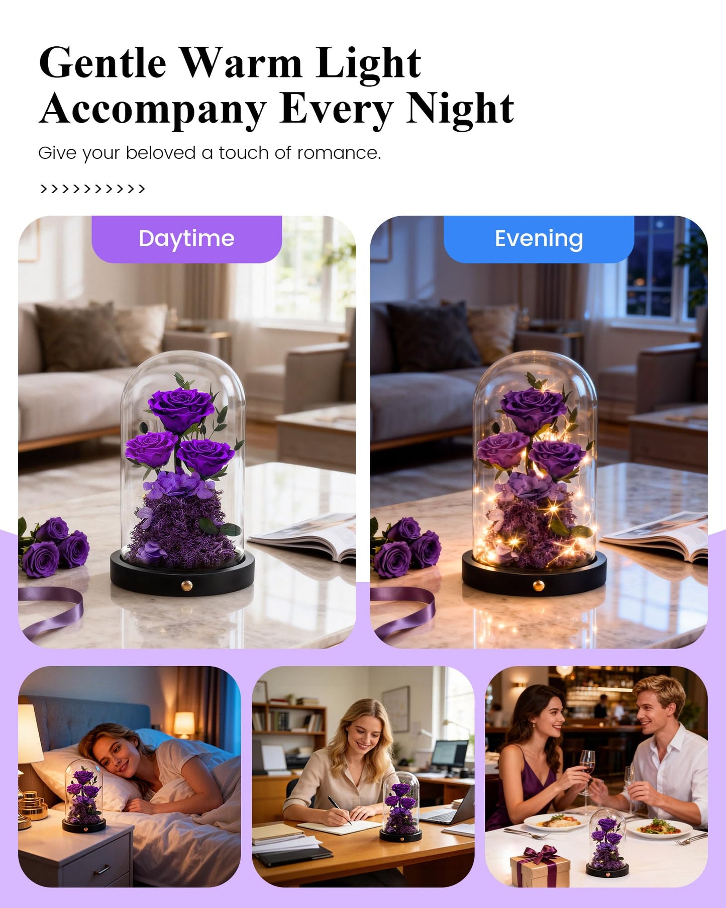 DENIMOMO Mothers Day Roses Gifts for Mom,Forever Purple Preserved Rose in Glass Dome,Mothers Day Real Flowers Roses Gifts for Wife Women Mom Grandma/Purple