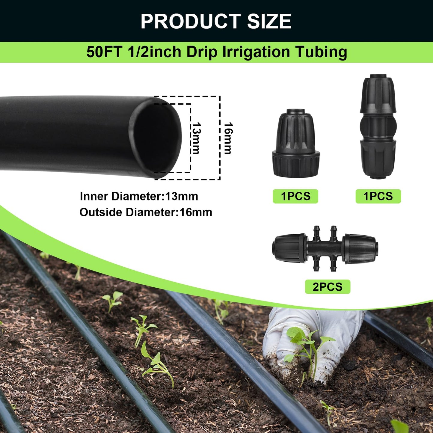 letesult 50FT 1/2 Inch Drip Irrigation Tubing Main Line Hose Tube, Drip Line Irrigation System Includes 2pcs 6-Way Connector & 1/2" Straight Connector & 3/4" to 1/2" Faucet Adapter for Garden Watering