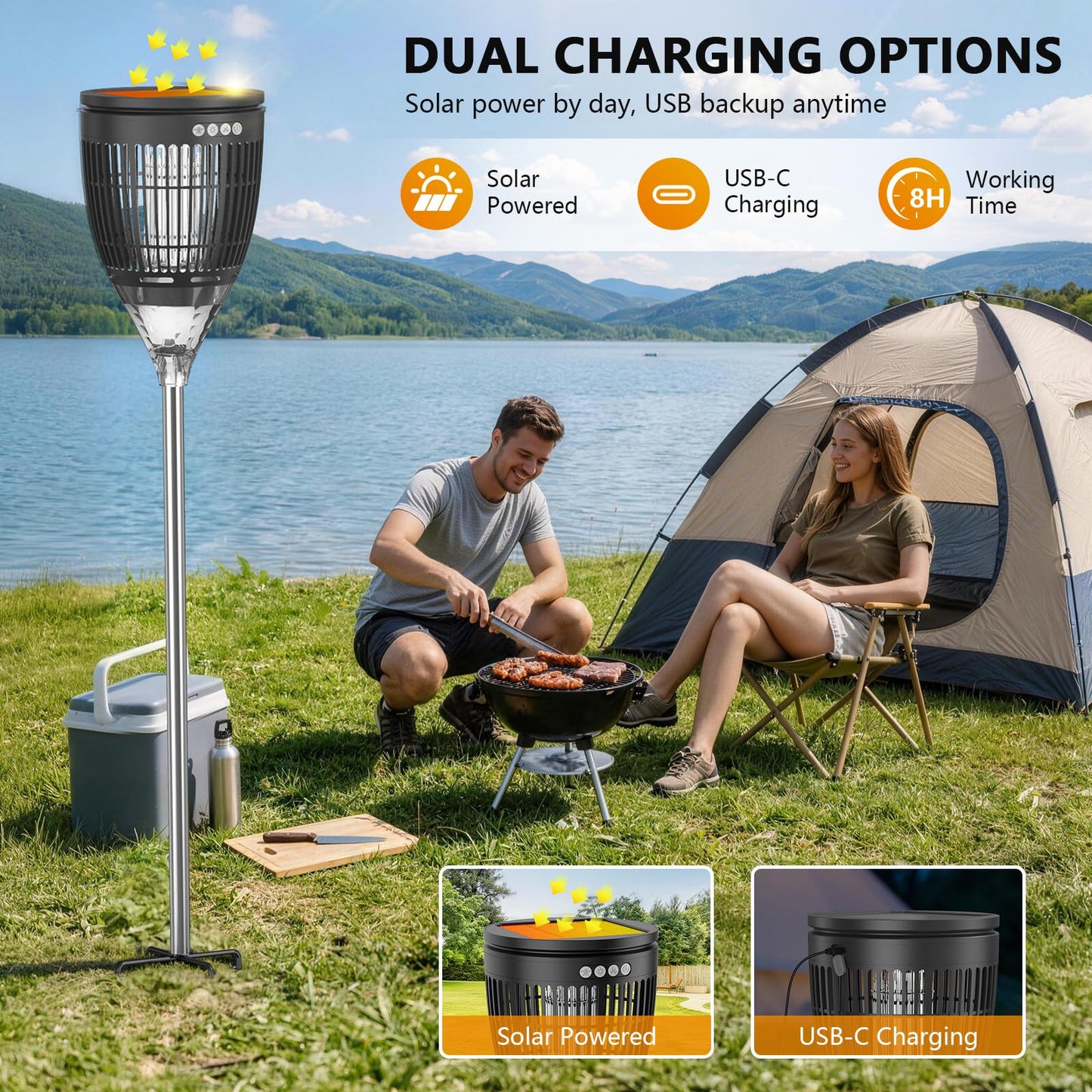 Solar Bug Zapper Outdoor, Jinyeda 4200V Mosquito Zapper with RGB Projector & Flame Lights, Cordless Mosquito Killer, USB Rechargeable Fly Insect Trap Waterproof Lighting Decor for Patio, Garden, Yard
