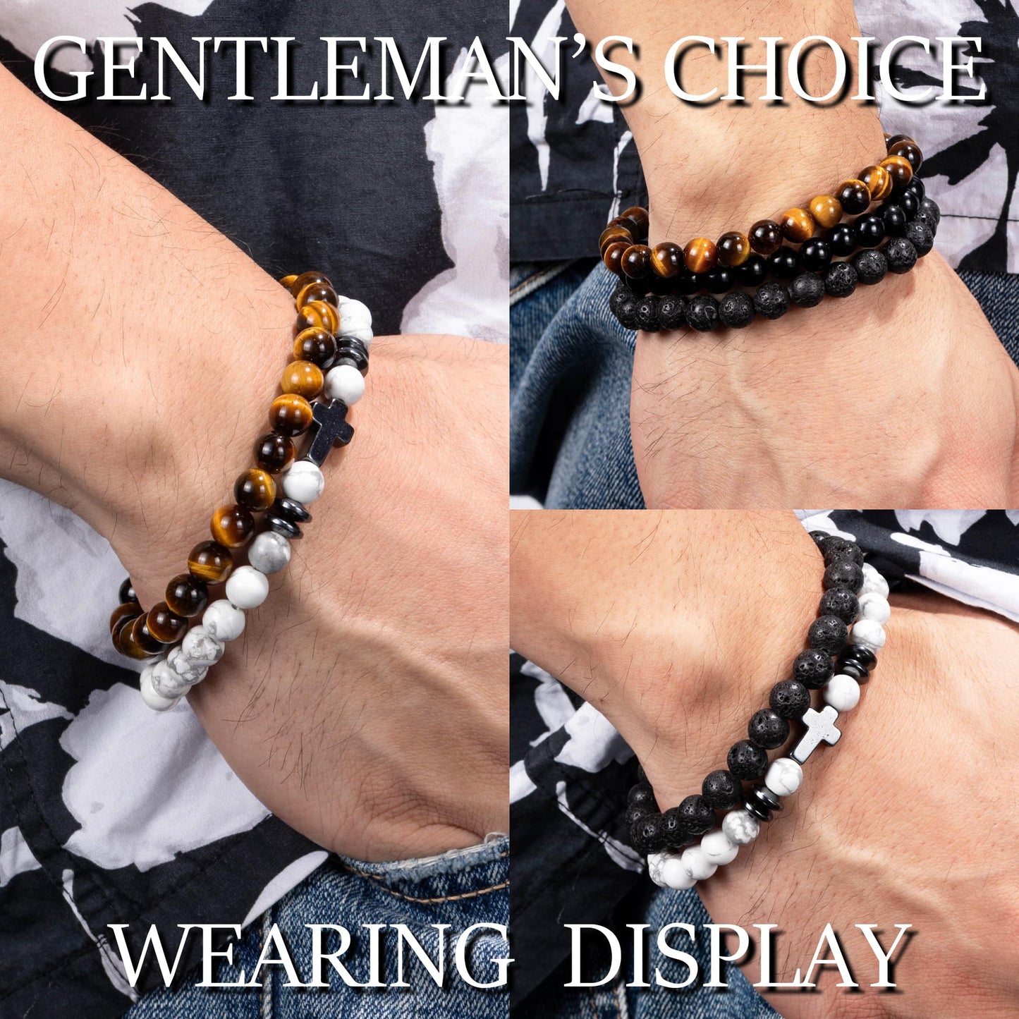 Crystery Men Beaded Bracelets, 8mm Natural Stone Bracelet, Healing Crystal, Jewelry Gifts for men, Triple Protection, Howlite, Tiger Eye, Black Obsidian Beads Bracelets, Lava Rock, Pack of 4