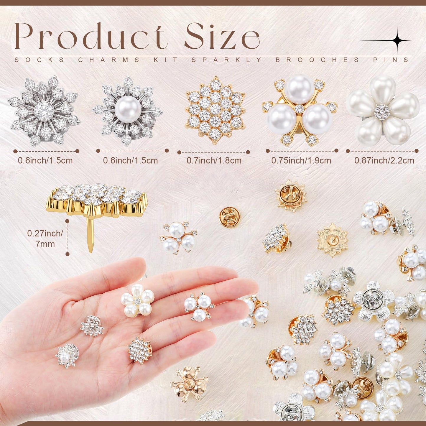 Trnayi 50 Pcs Flower Shape Pearl Rhinestone Brooch Embellishments Brooches and Pins for Women Lapel Pins No Sew Button Charms Accessories for Clothes Bags Wedding DIY Crafts, 5 Styles (Classic Style)