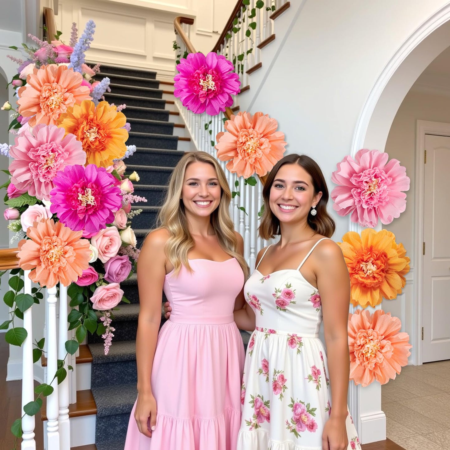 SUNBEAUTY 12PCS Large Paper Flowers 12 Inch Pink Orange Tissue Paper Flowers Pink Orange Giant Crepe Paper Flowers for Girl Women Birthday Wedding Flower Backdrop Wall Spring Garden Party Supplies