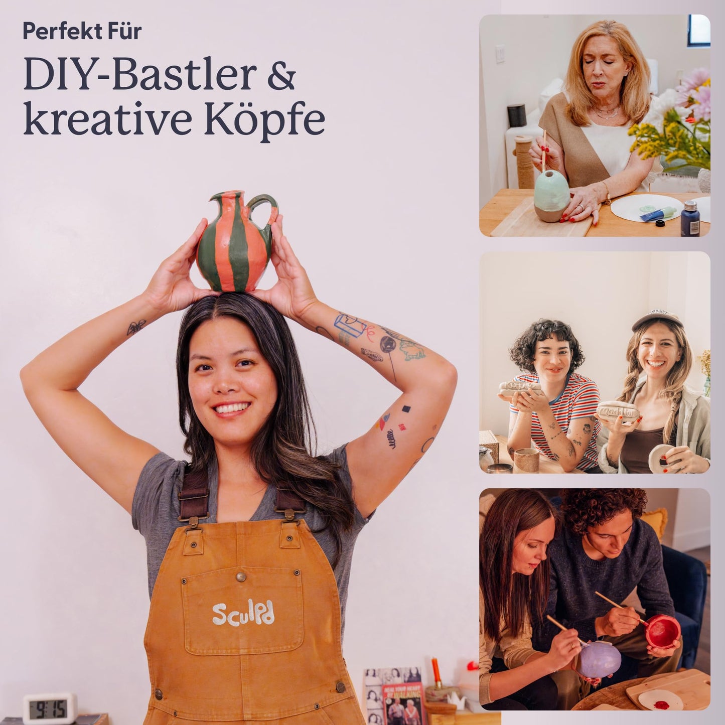 Sculpd - The Original Pottery Kit for Adults - Air Dry Clay for Adults, Tools, Varnish, Paints, Brushes, Couples Date Night Arts & Crafts Set, Gloss Varnish with Classic Tones