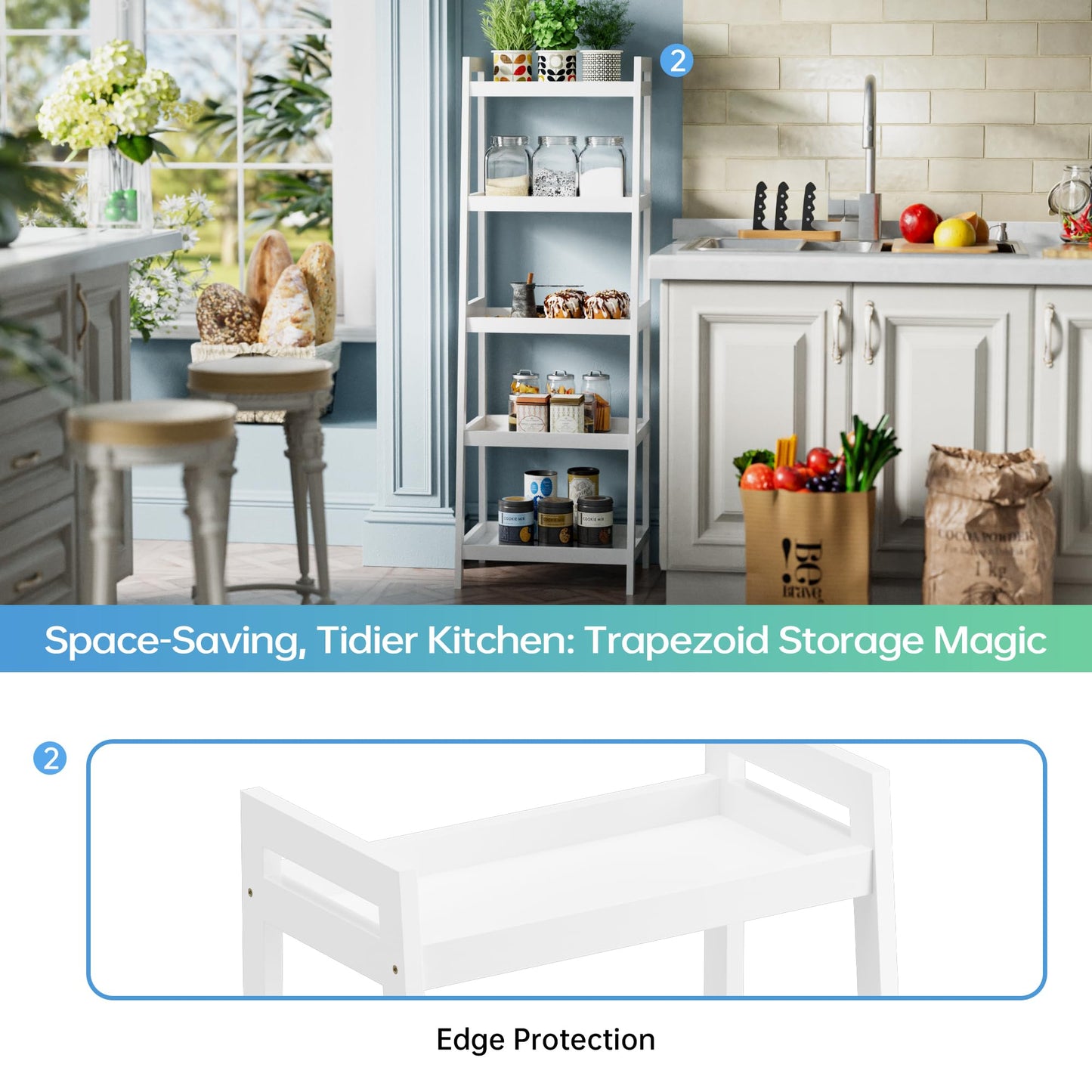 SMIBUY Bamboo Ladder Bookcase, Bathroom Storage Rack Organizer, 4 Tier and 5 Tier Freestanding Plant Display Stand Space Saver Shelves for Bedroom, Kitchen, Balcony (White, 5 Tiers (50" H))