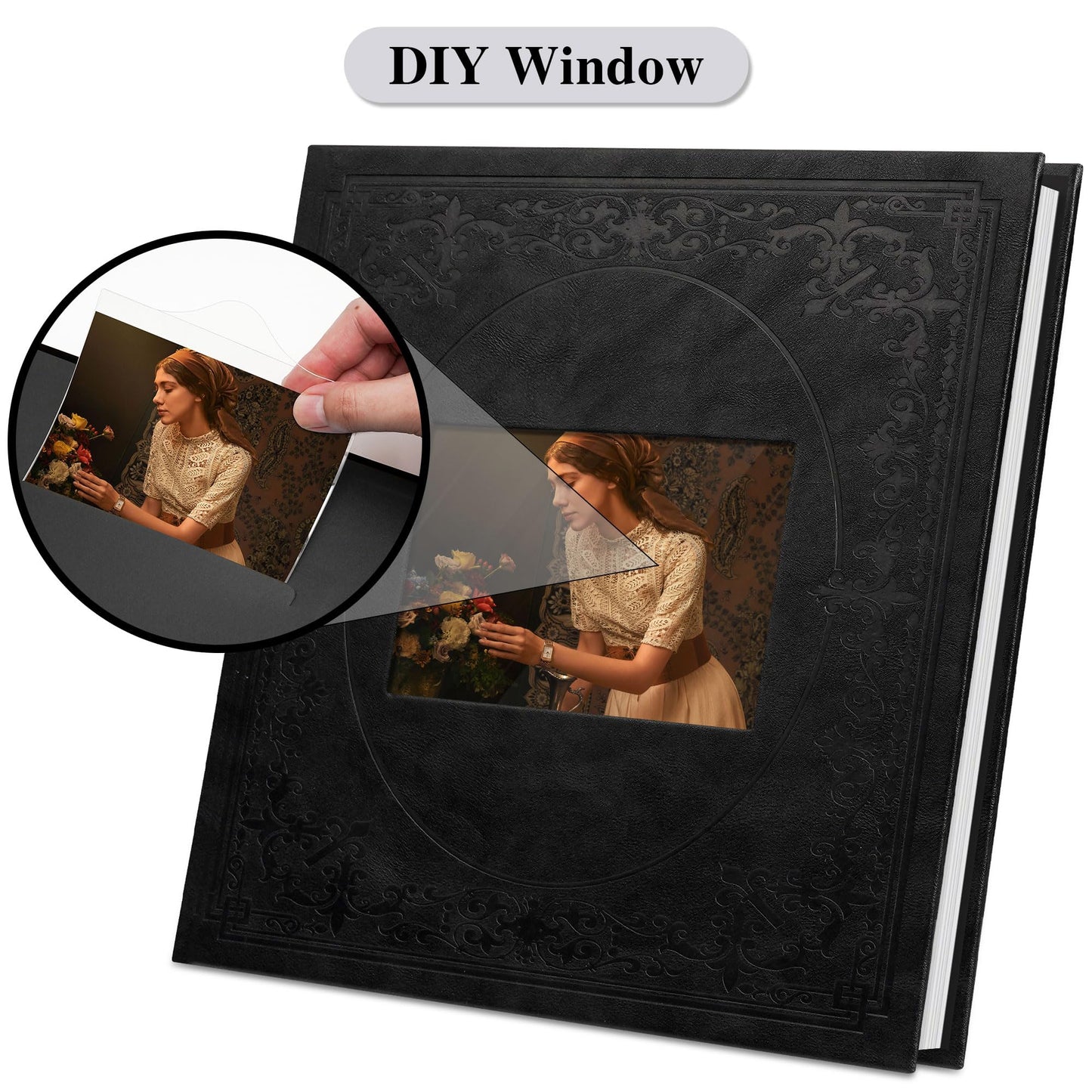 Vienrose Self Adhesive Faux Leather Photo Album with Window DIY Scrapbook Kit for 4x6 5x7 8x10 Pictures, Memory Book for Baby Kids Wedding Journal School Polaroid, 30 Sheets(60 Pages) Black