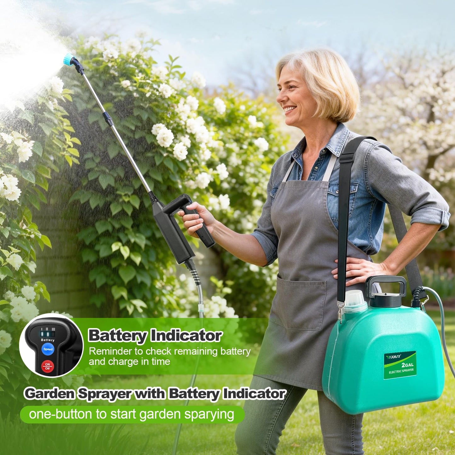 VAXMAY Battery Powered Sprayer 2 Gallon, Upgrade Electric Garden Sprayer with 3 Adjustable Speed, Battery Indicator, 4 Mist Nozzles, Rechargeable Handle, Retractable Wand, Shoulder Strap for Weed Lawn