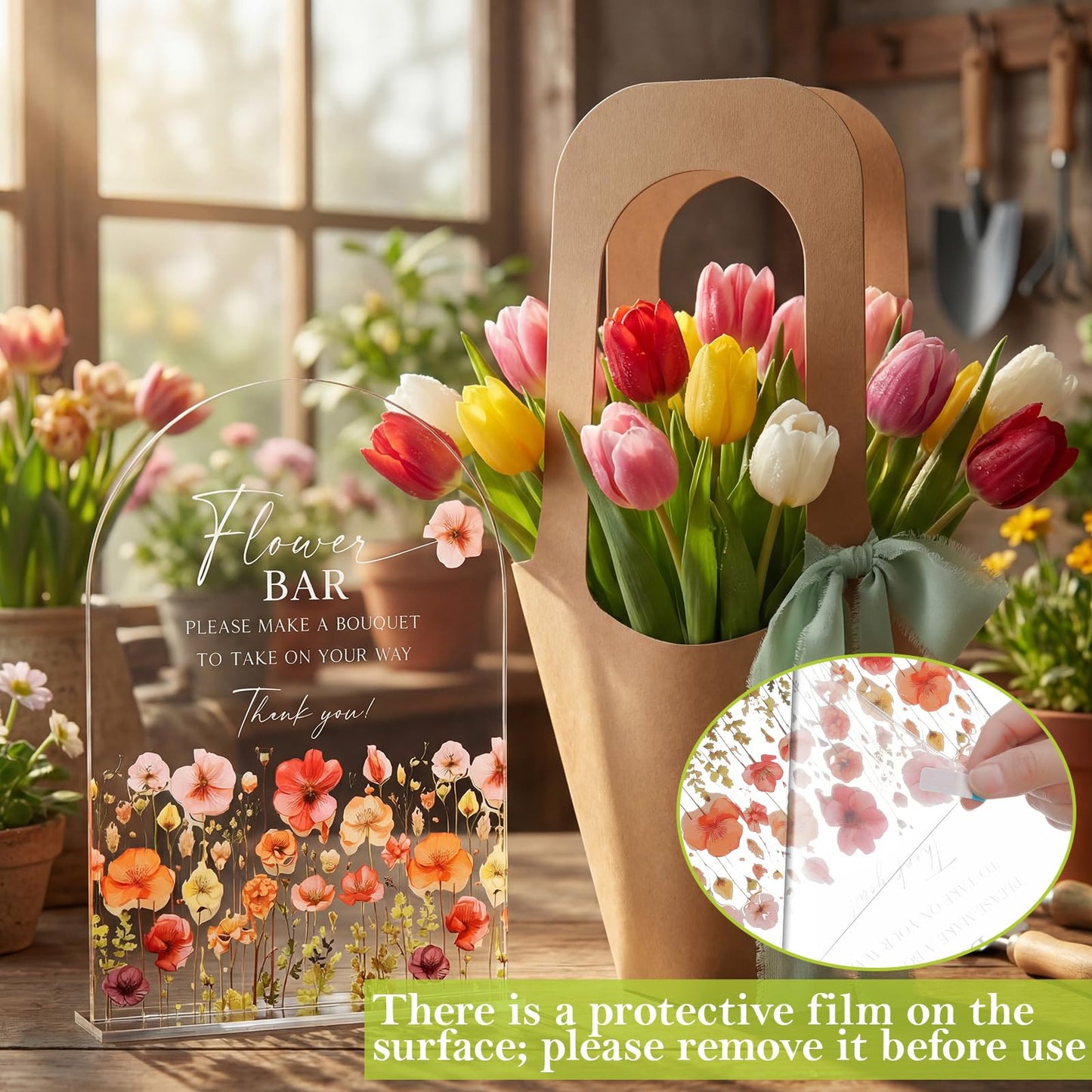Kolldenn 37 Pcs Flower Bar Supplies Include Acrylic Flower Bar Sign Bouquet Wrapping Gift Bags with Handle Chiffon Ribbon Garden Scissors for Floral Bloom Decor (Arc)