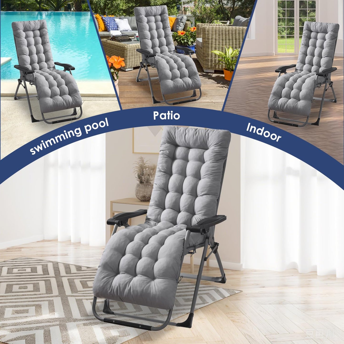 TeqHome Chaise Lounger Cushion 67x22in - Thick Padded Patio Furniture Cushions for Recliner, Rocking Chair & Deck Chair with Ties, Lounge Cushions for Outdoor & Indoor Furniture