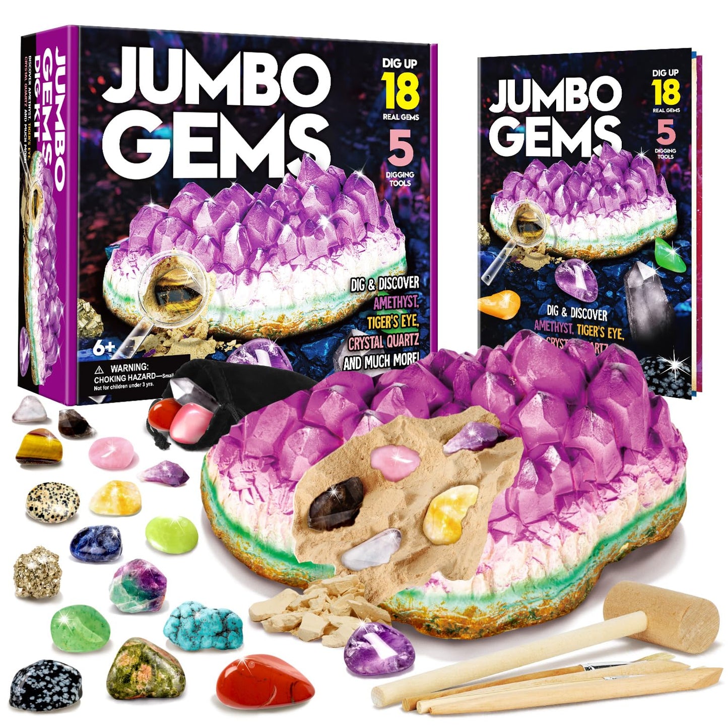 Gemstone Dig Kit - Dig Up 18 Real Gemstones and Crystals - Science Kits for Kids, STEM Toys for Age 6-8, Great Educational Geology Gifts for Boys & Girls Ages 5-7