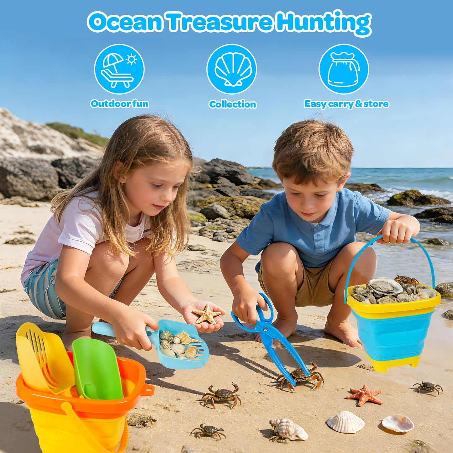 Beach Sand Toys for Kids 4-8 with Collapsible Buckets Sand Molds Mesh Shovels and Shell Bags Sand Tool Shell Shark Teeth Collecting, Beach Travel Essential Outdoor Sandbox Toy for Toddler 3 4 5 6