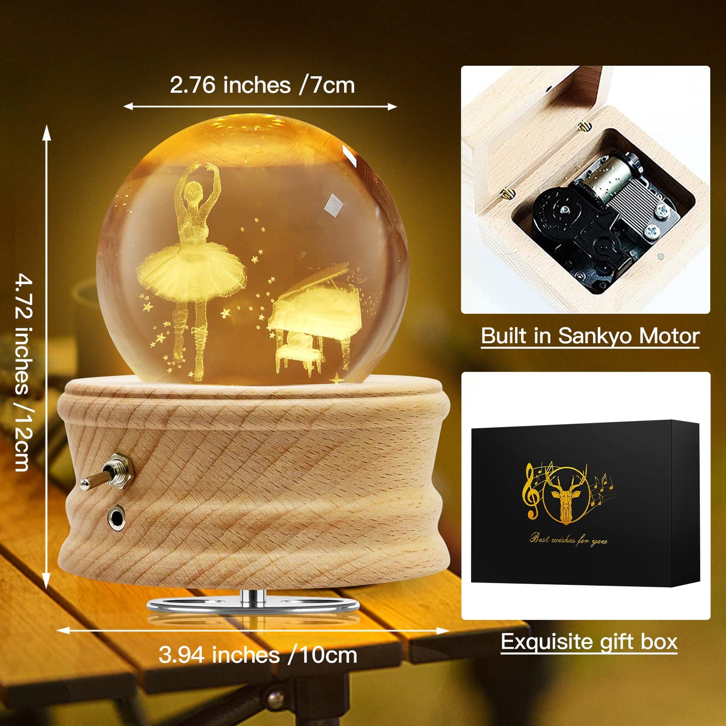 Hwawhin 3D Crystal Ball Music Box with Projection LED Light and Rotating Wooden Base for Christmas, Birthday, Valentine's Day - Music Boxes for Women, Mums and Girls