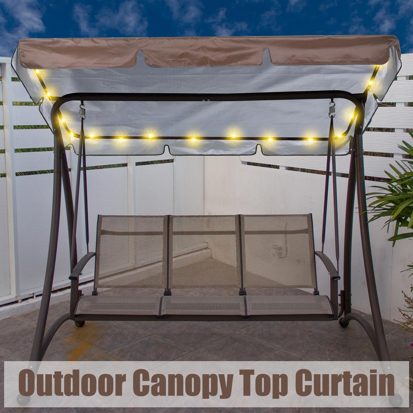 GliCraft LED Lighted Patio Swing Canopy Replacement Top Waterproof LED Porch Swing Canopy Cover 2-3 Seat Shade Awning Covers for Garden Outdoor Yard Park(65 x 45 Inch,Brown)