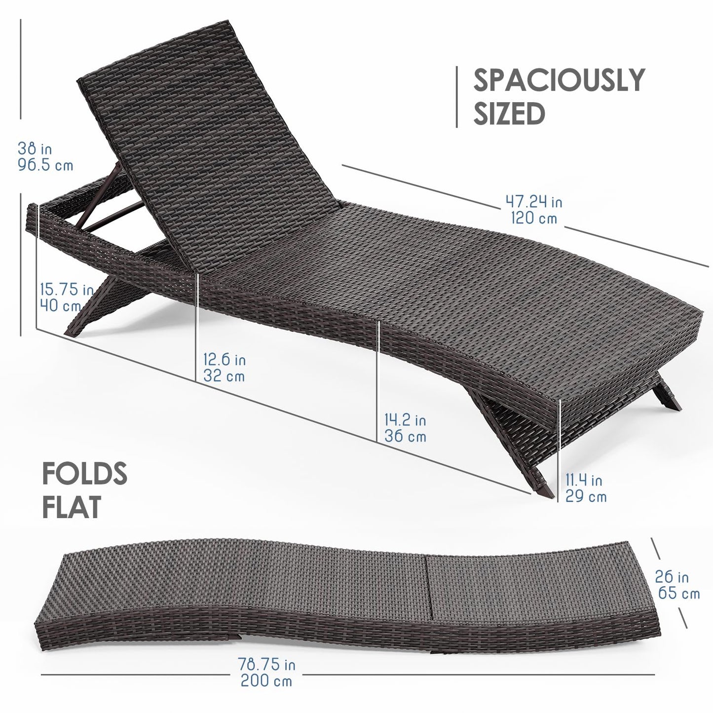 Nestl Chaise Lounge Chair Outdoor Set of 2, Wicker Patio Lounge Chair, Outdoor Lounge Chair with Reclining Backrest