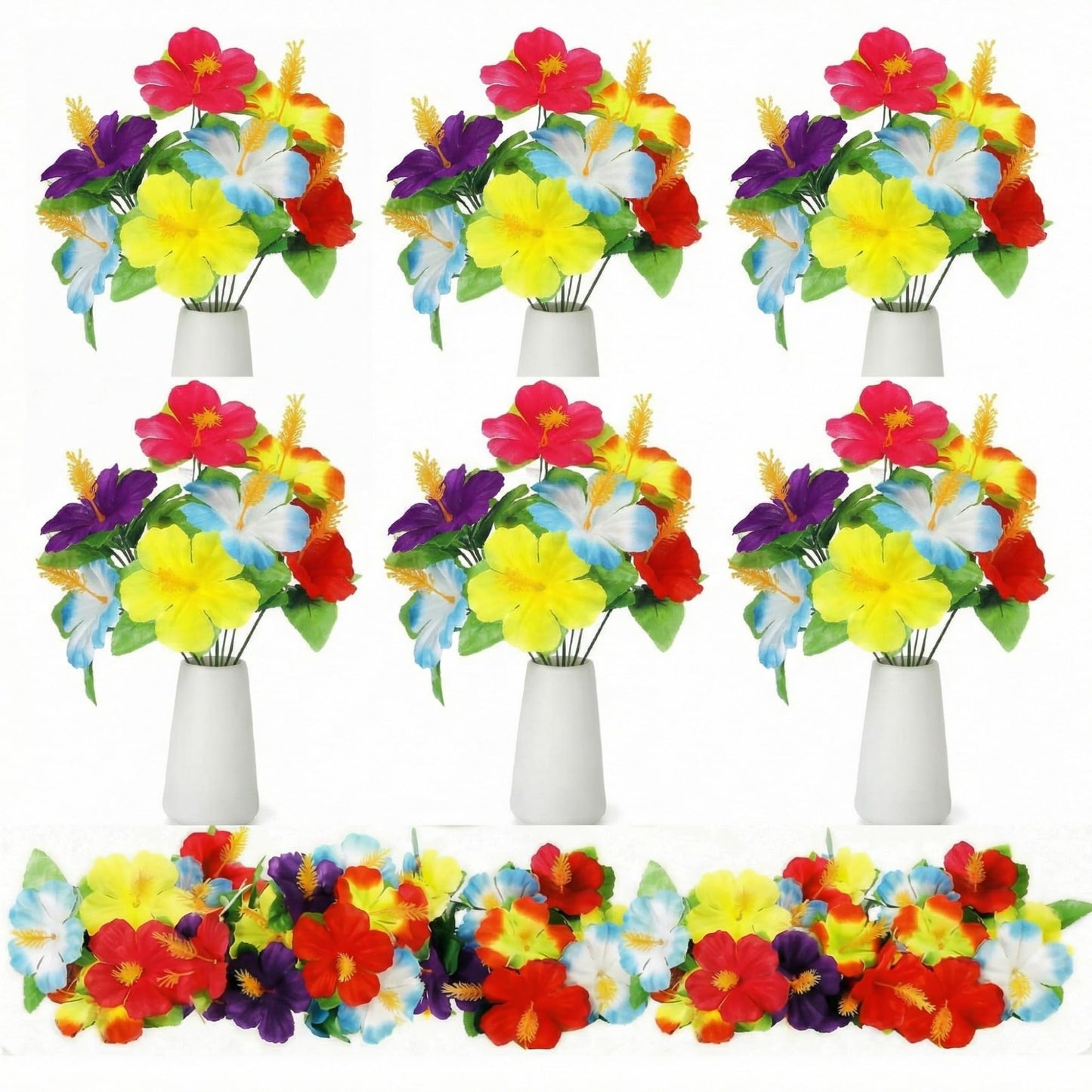 Hotop 6 Pcs Hawaiian Flower Bouquet for Tables Faux Hibiscus Flowers Bouquet Artificial Fake Tropical Flowers for Luau Summer Themed Party Favors Home Office Garden Decoration Supplies
