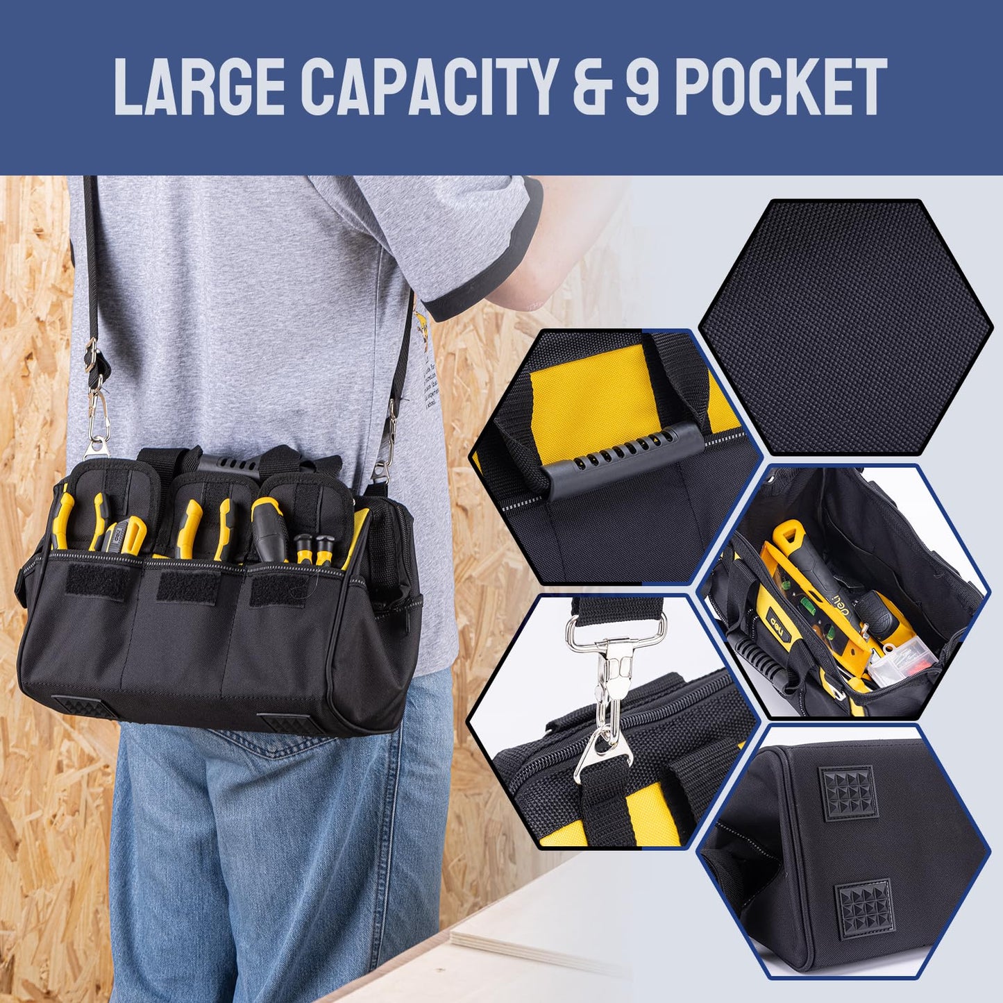 DELI 355-Piece Home Tool Set, Household Repairing Tool Kit with 14-Inch Wide Mouth Open Storage Tool Bag, Yellow