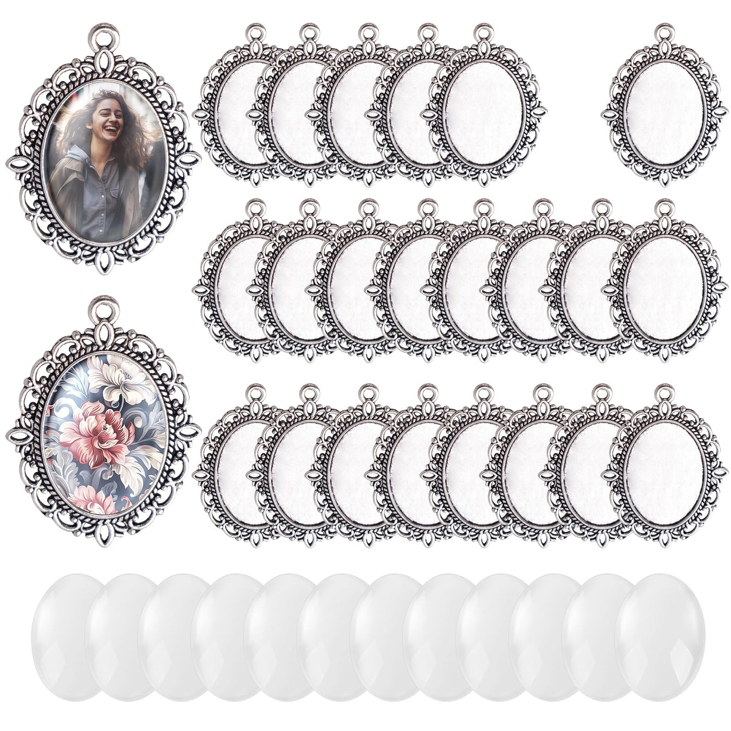 Hilltian 100 Pcs Bezel Pendant Blanks Settings, 50 Oval Pendant Trays Photo Charms with 50 Clear Glass Cabochon for Jewelry Making, DIY Blank Bezels Trays Kit for Crafts, 25x18mm (Antique Silver)
