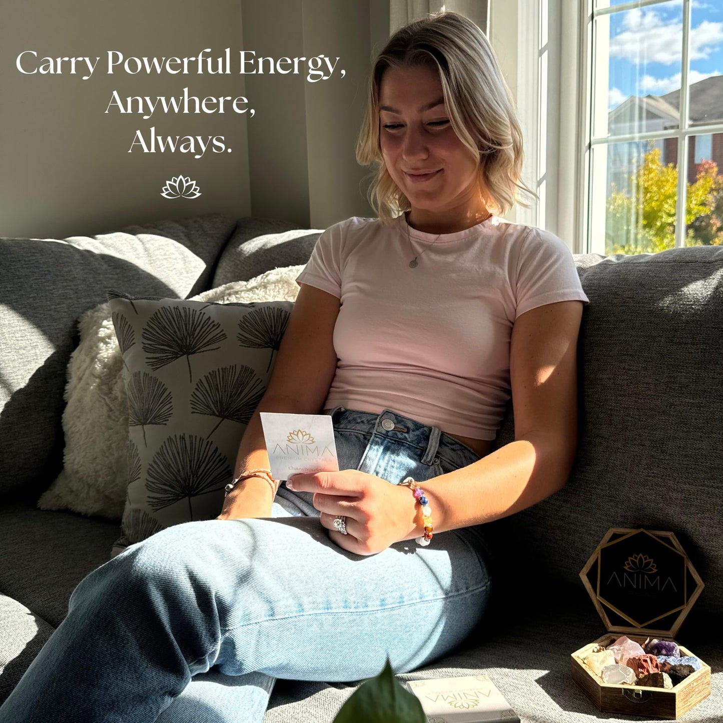 Anima Premium 7 Chakra Bracelets for Women - Medium 8mm Beads Real Healing Crystals and Stones Perfect for Balance, Energy, and Abundance - with Lotus Flower and Charged Energy Card