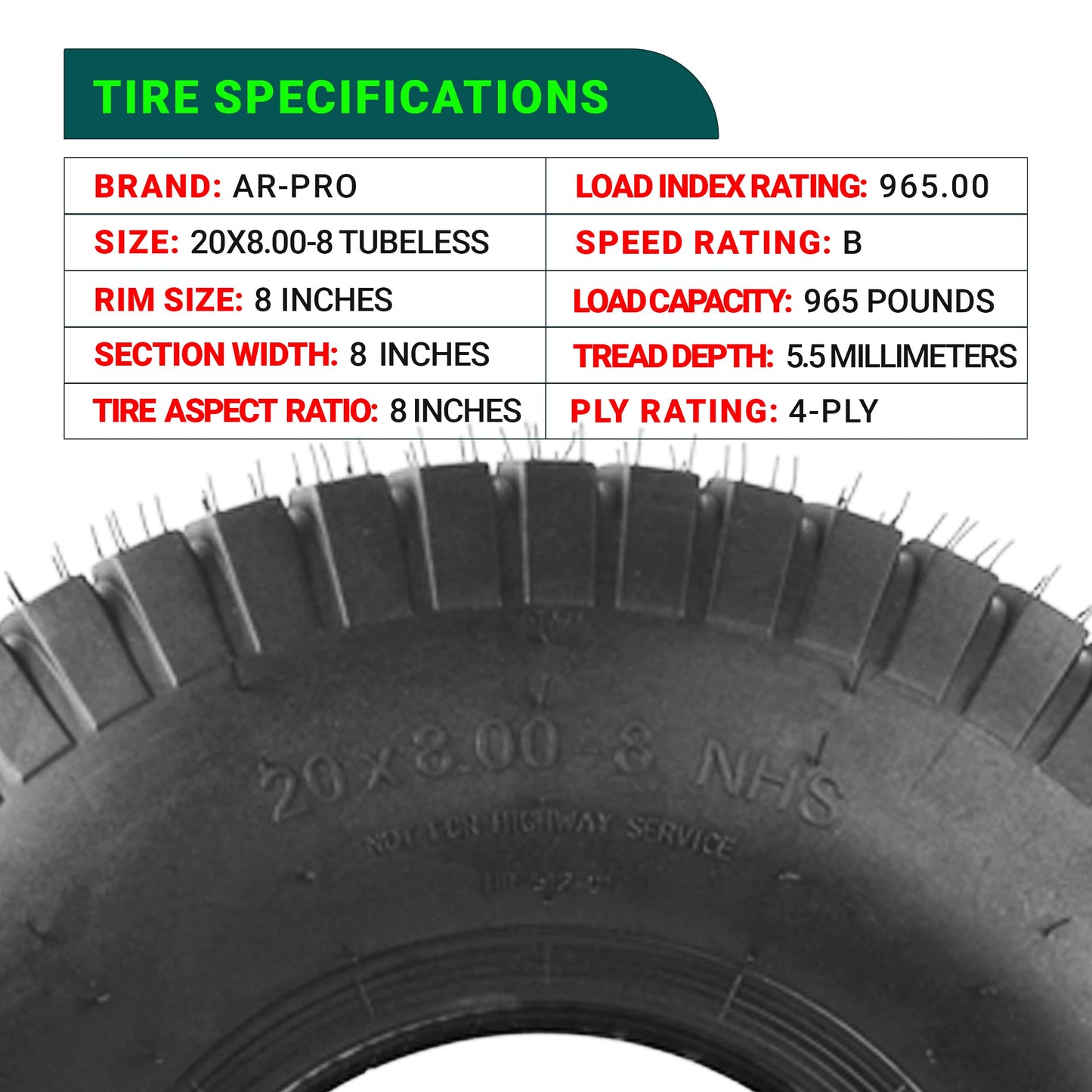 AR-PRO 20x8.00-8 Lawn Tractor Riding Mower Turf Tires – Heavy-Duty 4 Ply Tubeless Tire Replacement for Zero Turn Mowers, ATVs, Garden Tractors, Golf Carts – Set of 2 – No Rim