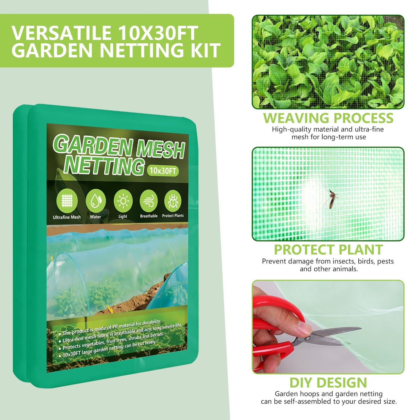 Garden Netting Kit for Raised Beds, 10x30FT Green Ultra Fine Mesh Netting ＆6 Sets of 8FT Garden Hoops, Insect Netting Row Cover Net Protect Plants Vegetable Fruits Flowers