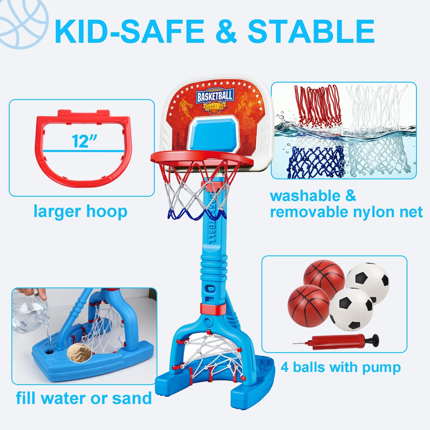 LPFG Toddler Basketball Hoop Indoor, Adjustable Kids Basketball Hoop and Soccer Goal for Ages 1-3 3-5, Portable Mini Basketball Hoop Set with 4 Balls for Boys Girls Child Indoor Outdoor Poolside