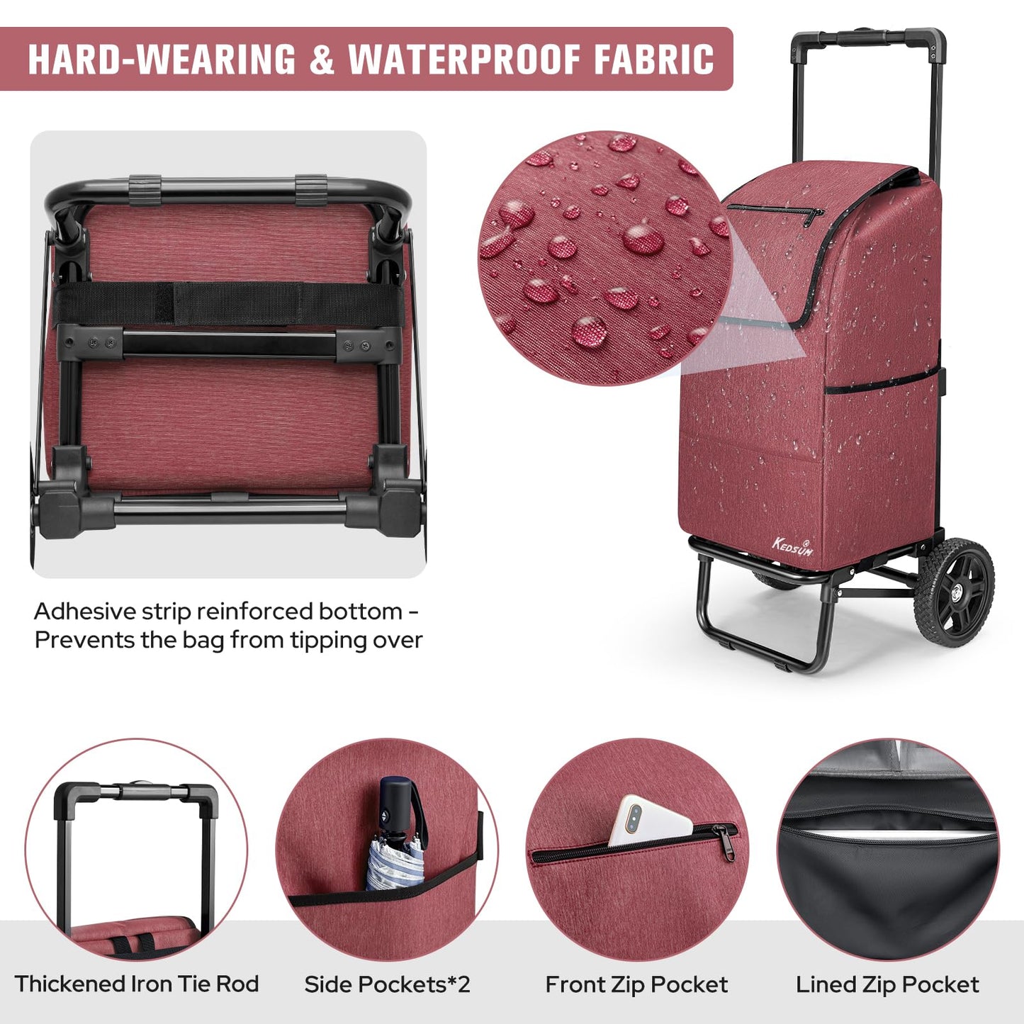 KEDSUM 2 in 1 Shopping Carts for Groceries, 330 lbs Grocery Cart on Wheels, Foldable Utility Carts with Wheels, Load-Bearing Hand Truck with Waterproof Bag for Shopping, Camping, Laundry, Garden, Red