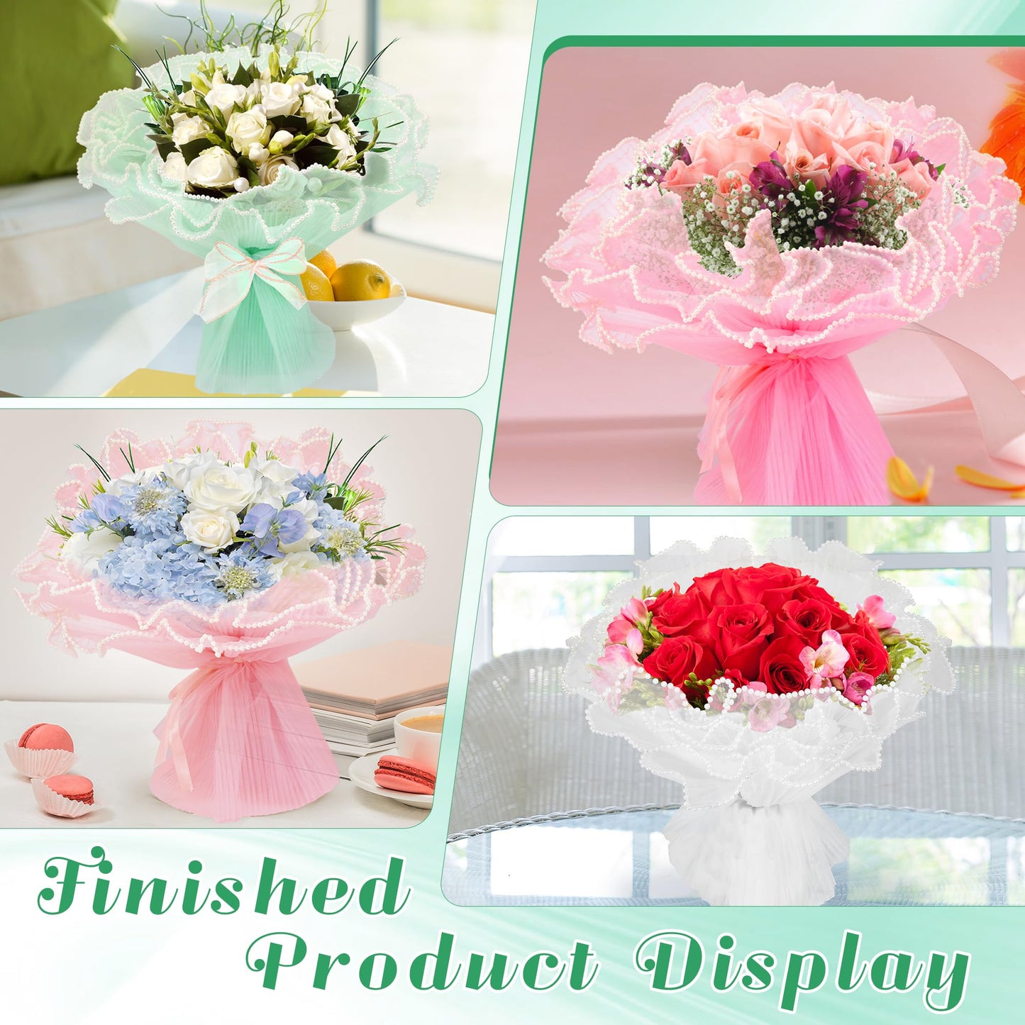 8 Pack Floral Wrapping Mesh Paper, Windspeed Pearl Mesh for Floral Bouquet Wrapping Paper White and Pink Florist Supplies for Mother's Day Valentine's Day Florist Wedding Flower Packaging