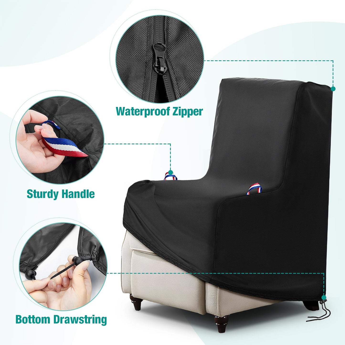 Letsteel 2 Pack Outdoor Chair Covers Waterproof, 600D Waterproof Recliner Chair Covers, Patio Chair Covers for Outdoor Recliner Chair with 2 Handle & Zipper, Black