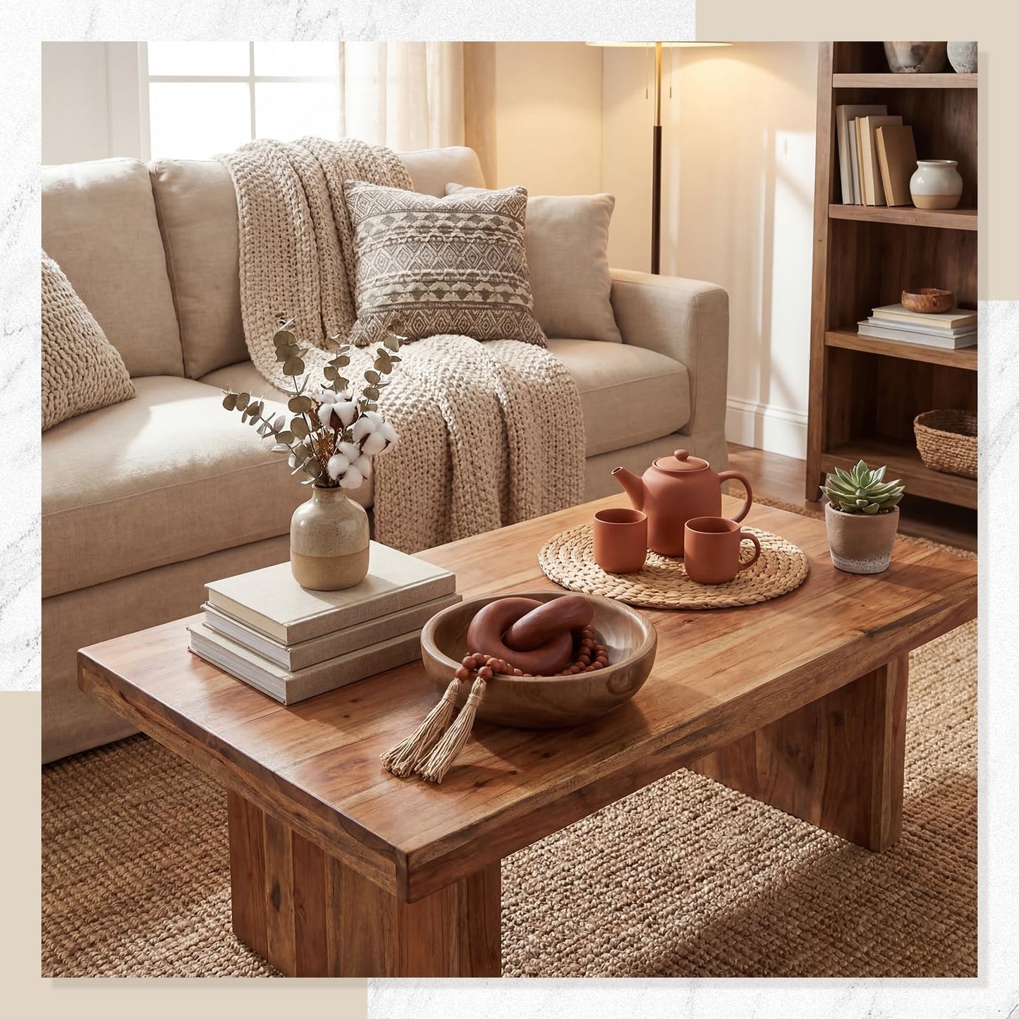 Novabright Farmhouse Wooden Decoration Set, Wooden Handmade Bowl, Chain, Beads, Suitable for Home, Bohemian, Coffee Table, Bedroom, Bathroom(Brown)