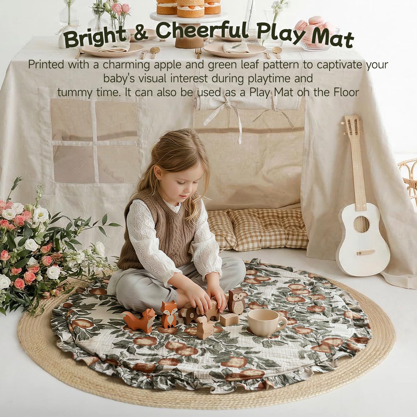 Baby Play Gym Play Mat, Infant Activity Center with 5 Sensory Toys 0–18 Months Developmental Tummy Time Mat, Baby Gym & Activity Mat Apple-Leaf Printed for Newborn Shower Gift Baby Essentials