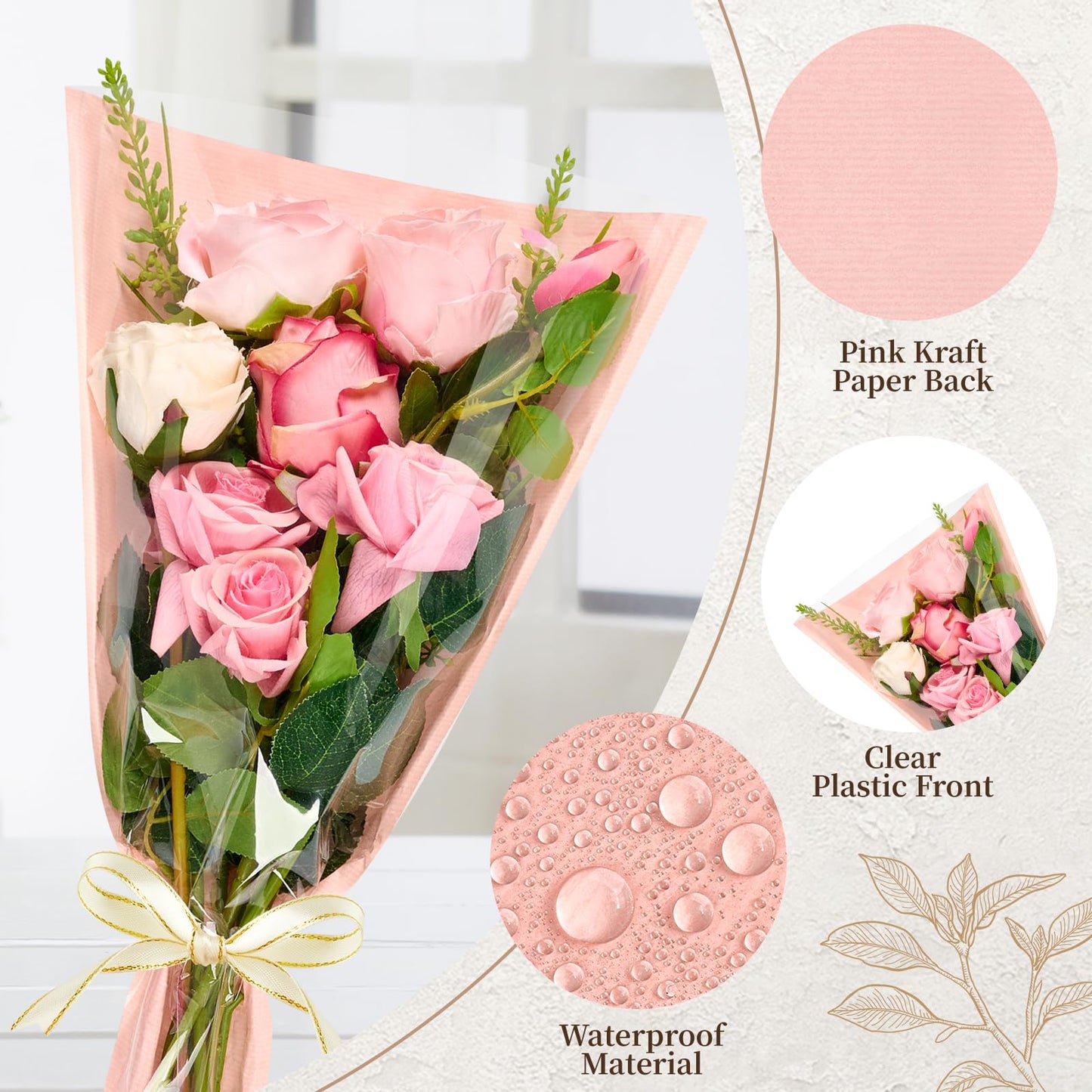 Mauproy 50 Pack Pink Flower Bags for Bouquets, Flower Wrapping Bags Kraft Floral Wrap Sleeves with Ribbons for Graduation Wedding Florist Supplies (18 x 12 Inches)