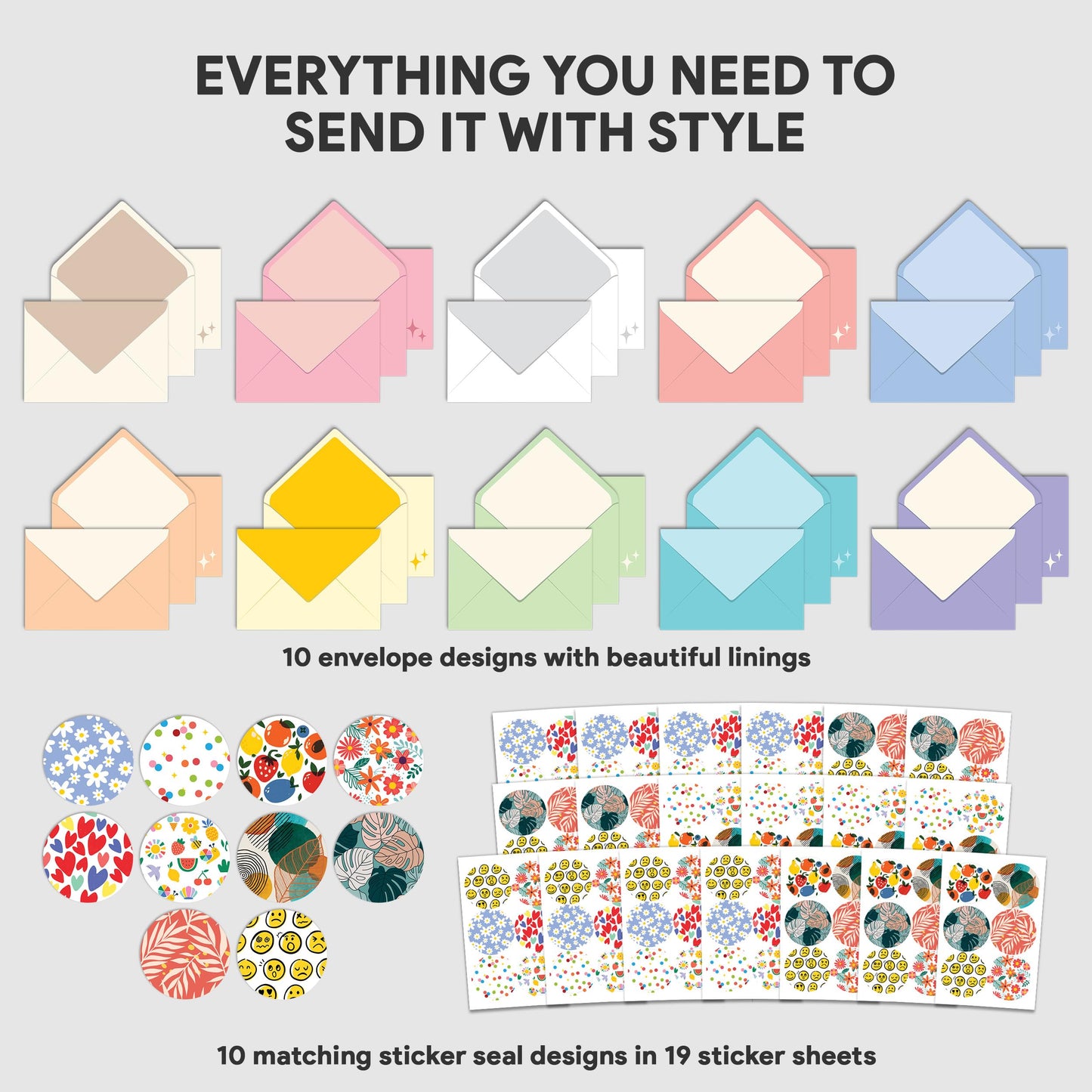 Decorably 110 Pack 4x6in Assorted Blank Cards and Envelopes Bulk with Stickers, 110 Folded Unique Designs for Friends, Family & Loved Ones - Birthday, Kids Party, Anniversary, Gifting, Mailing