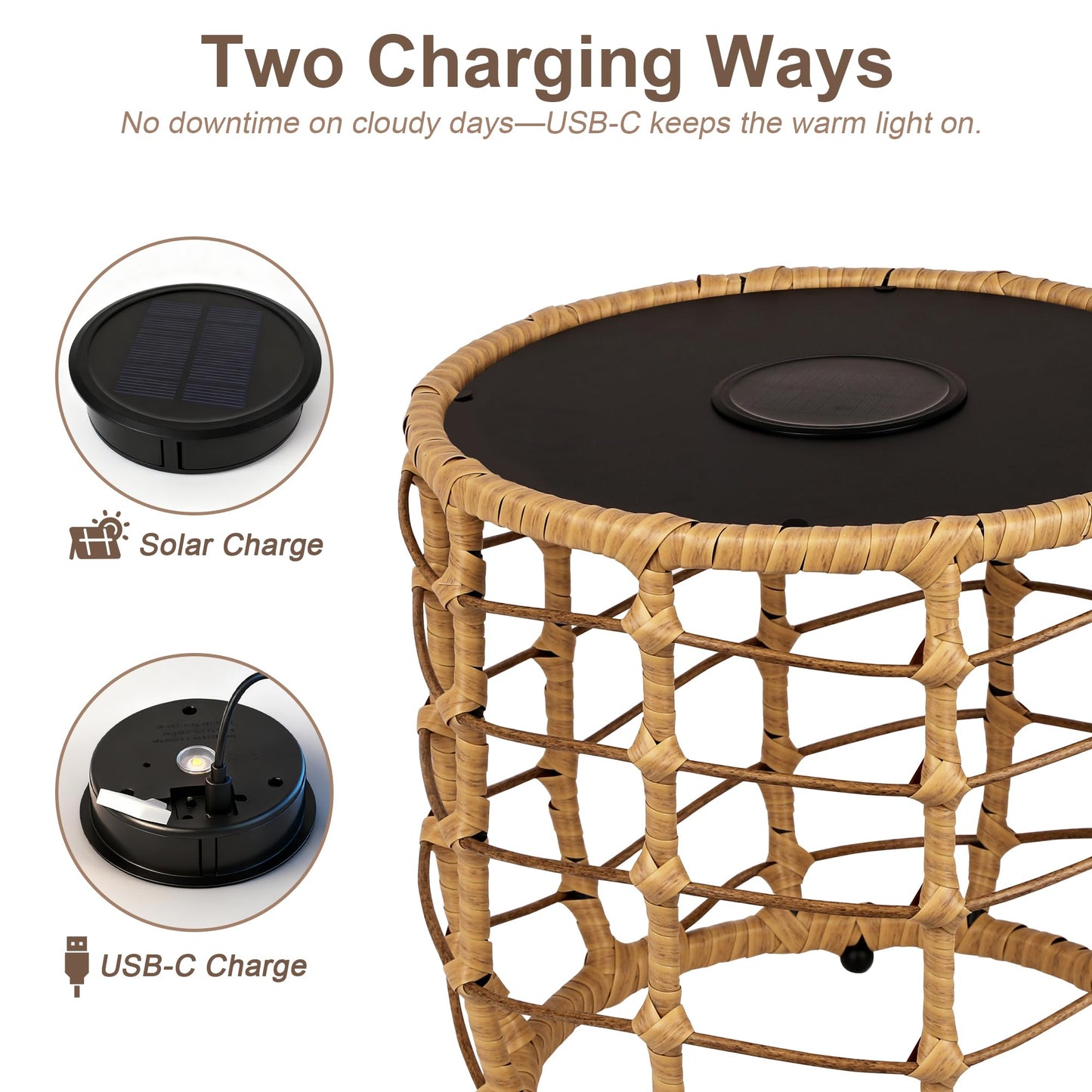 PARTPHONER Boho Solar Outdoor Side Table with Built-in Lights Set of 2, All-Weather Wicker Nesting Tables, Round Waterproof Accent End Table Design for Patio, Porch, Garden & Balcony, Natural Brown