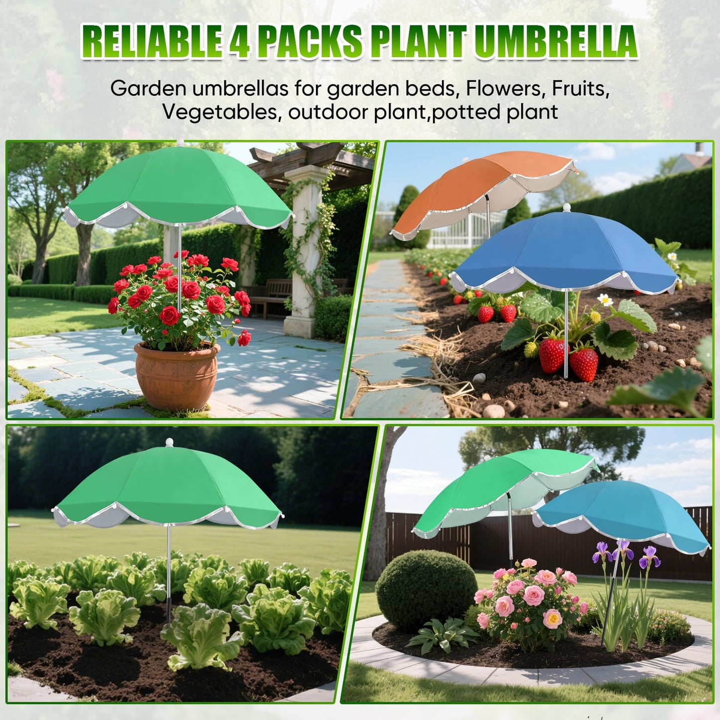 LCHUANG 4Pack Plant Umbrellas for Outdoor, 24inch Plant Shades for Outdoor with Durable 39.5'' High M-Shaped Plug for Stronger Wind Resistanc Flower, Potted, Garden Beds