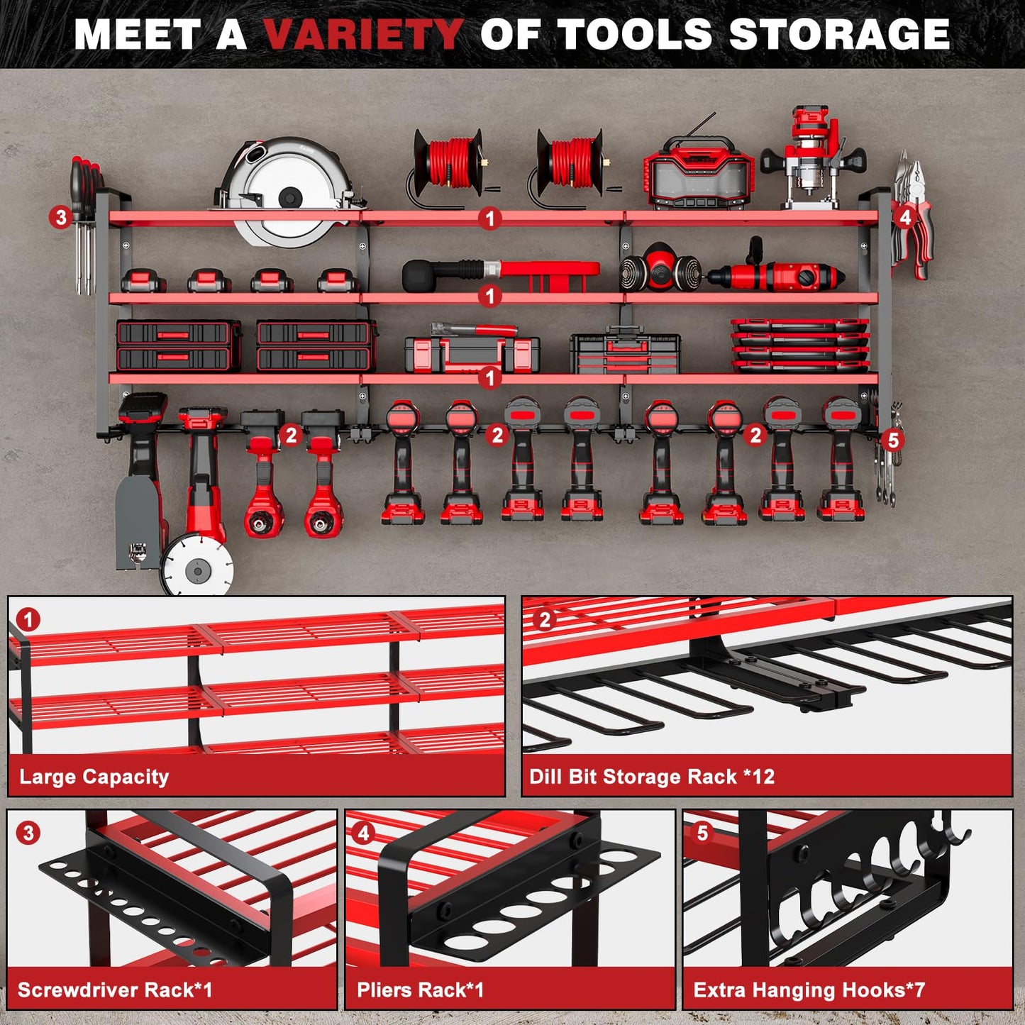 NattyDot 48" Large Power Tools Organizer Wall Mount,12 Drill Holder for Garage, Workshop Heavy Duty Storage Rack (Red)