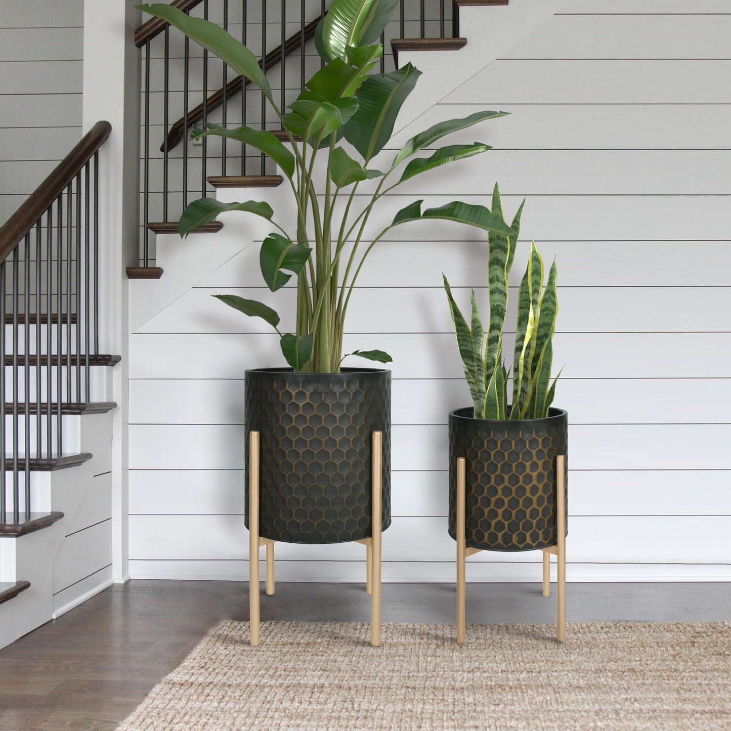 Oakrain Mid Century Planters for Indoor Plants, Set of 2, Modern Decorative Metal Pots for Living Room, Office, Garden or Balcony, Black&Golden Honeycomb, 10" &12"