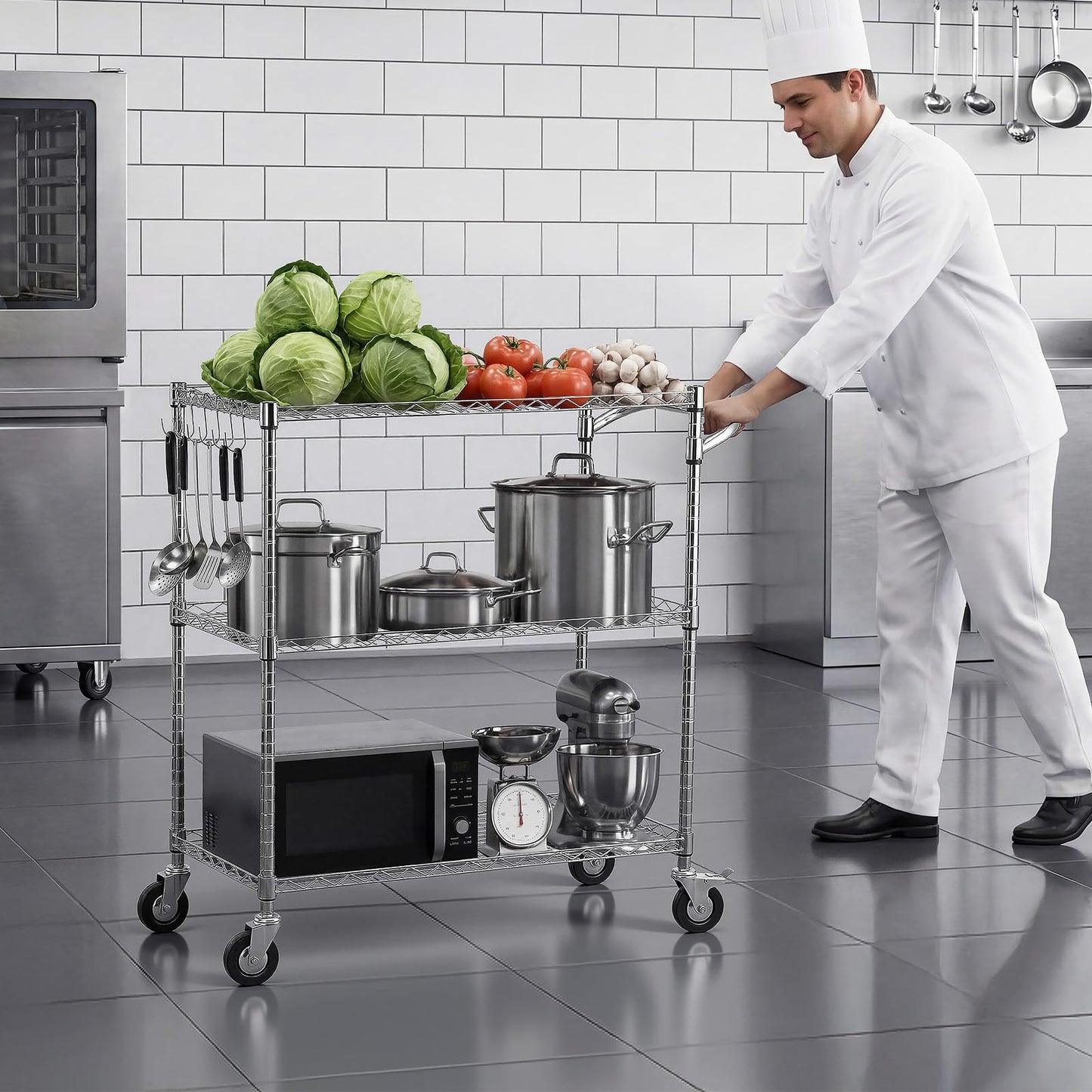 VEVOR Kitchen Utility Cart, 3 Tier Heavy Duty Adjustable Wire Storage Rack, Commercial Steel Rolling Service Trolley on Wheels, Work Table with Handle Bar, for Garage and Laundry Room, 35x17.8x40.9 in